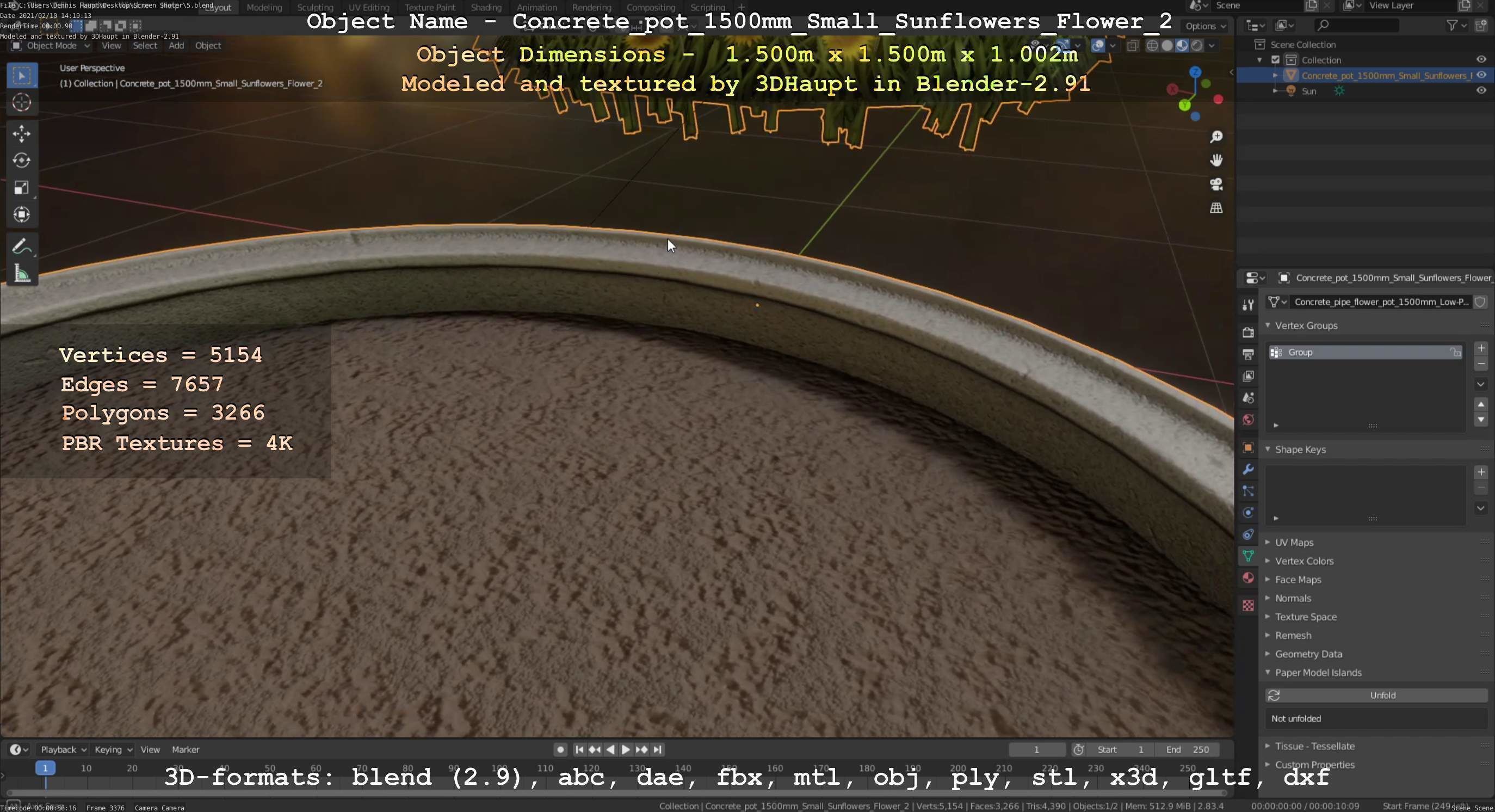 Concrete Pipe Pot 1500mm with Small Sunflowers Version 2 Low-poly 3D model_59