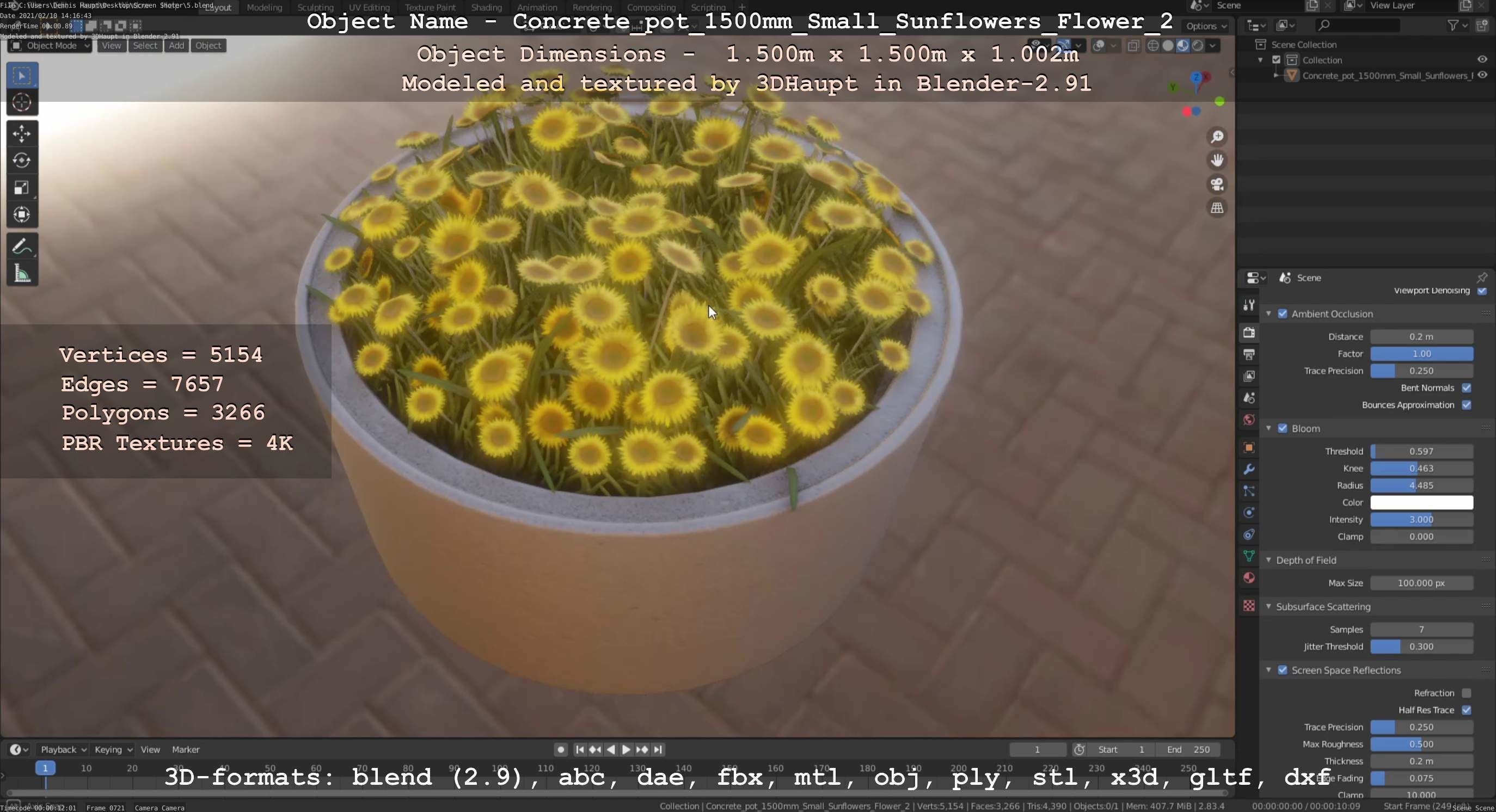 Concrete Pipe Pot 1500mm with Small Sunflowers Version 2 Low-poly 3D model_86