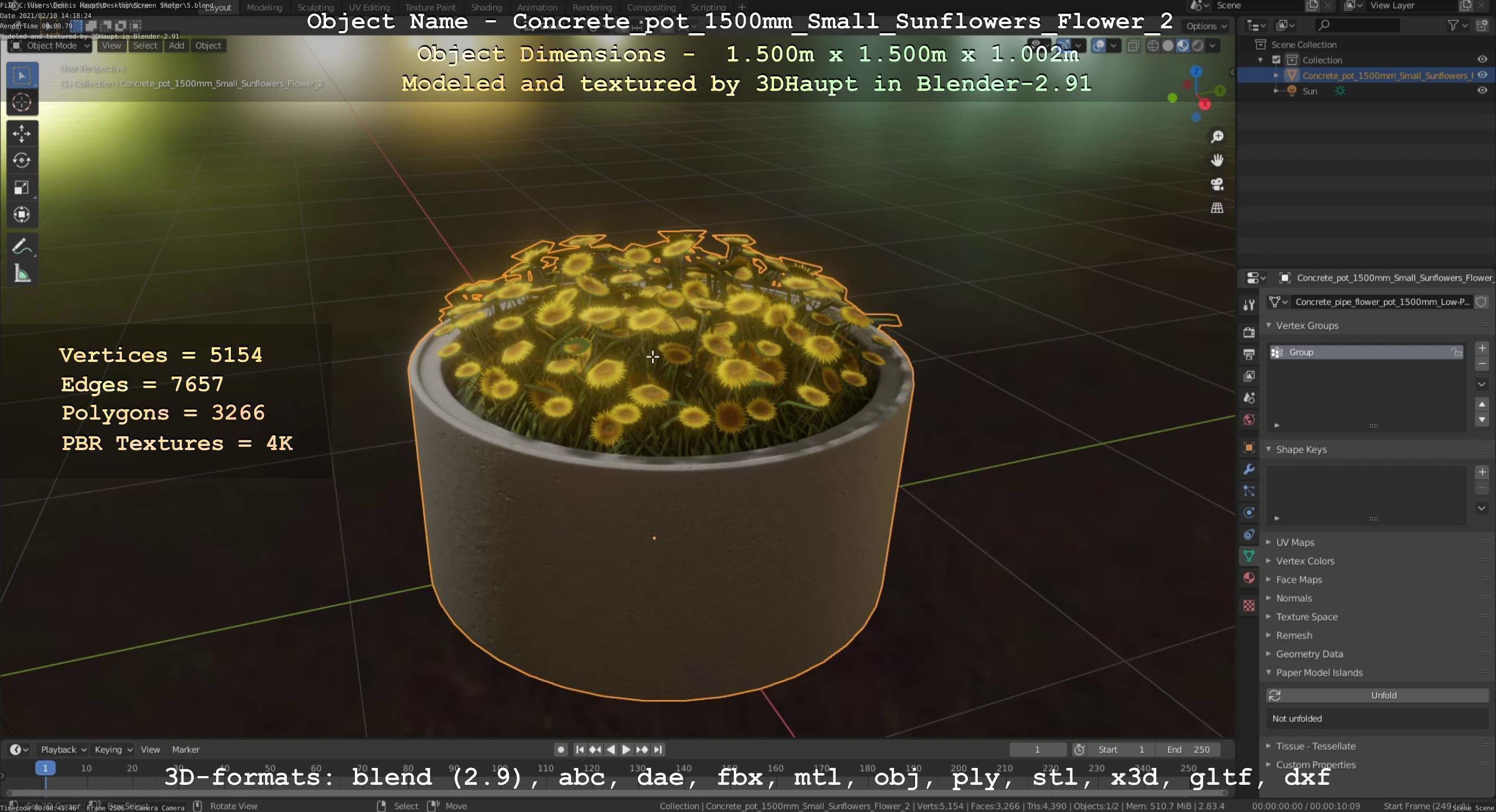 Concrete Pipe Pot 1500mm with Small Sunflowers Version 2 Low-poly 3D model_63