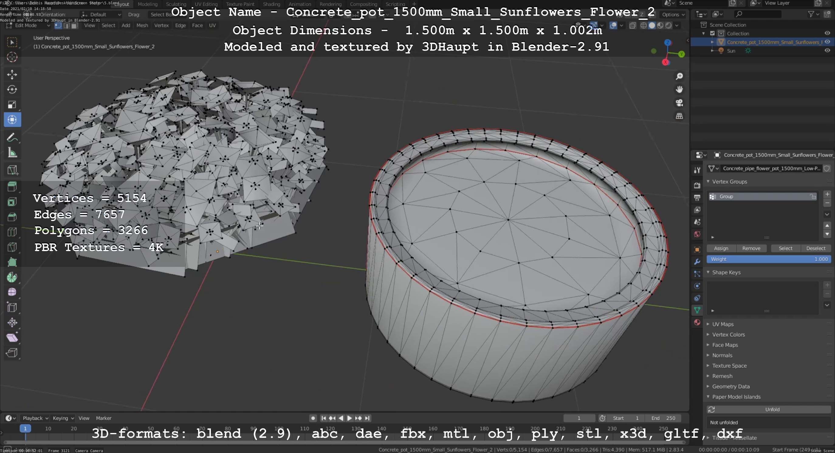 Concrete Pipe Pot 1500mm with Small Sunflowers Version 2 Low-poly 3D model_18