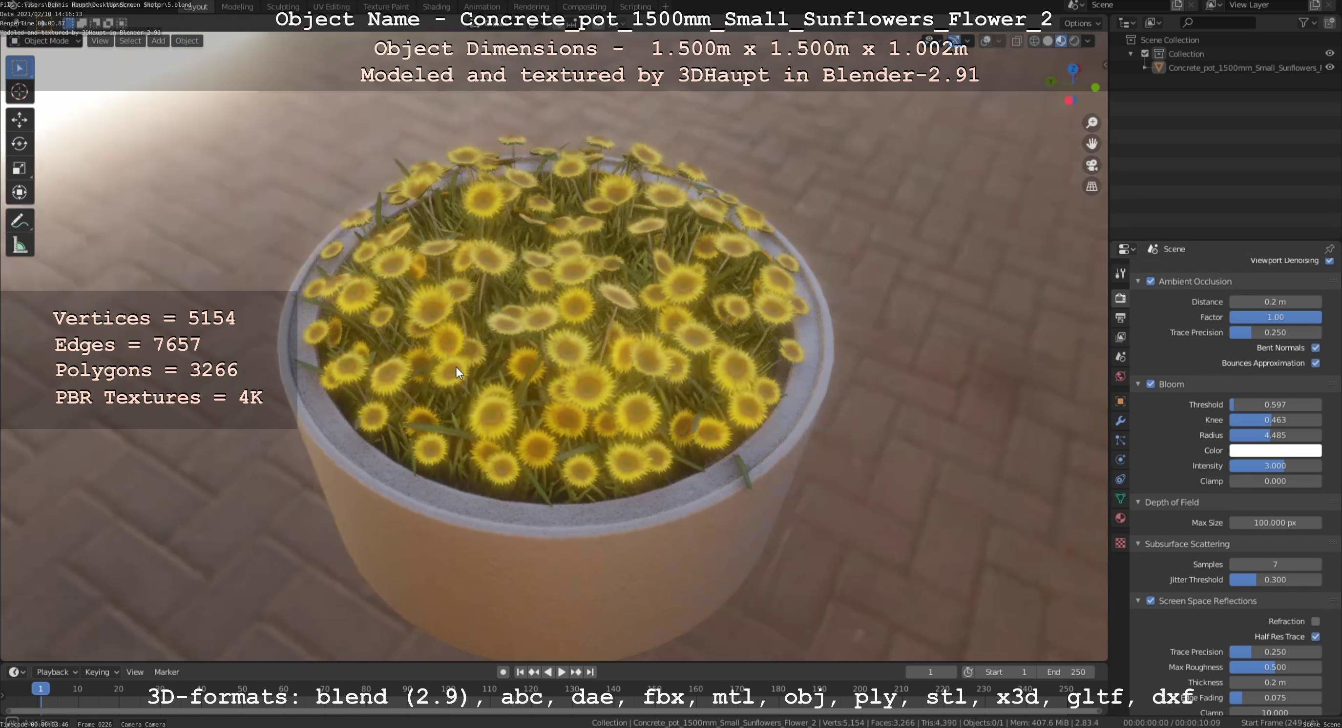 Concrete Pipe Pot 1500mm with Small Sunflowers Version 2 Low-poly 3D model_67