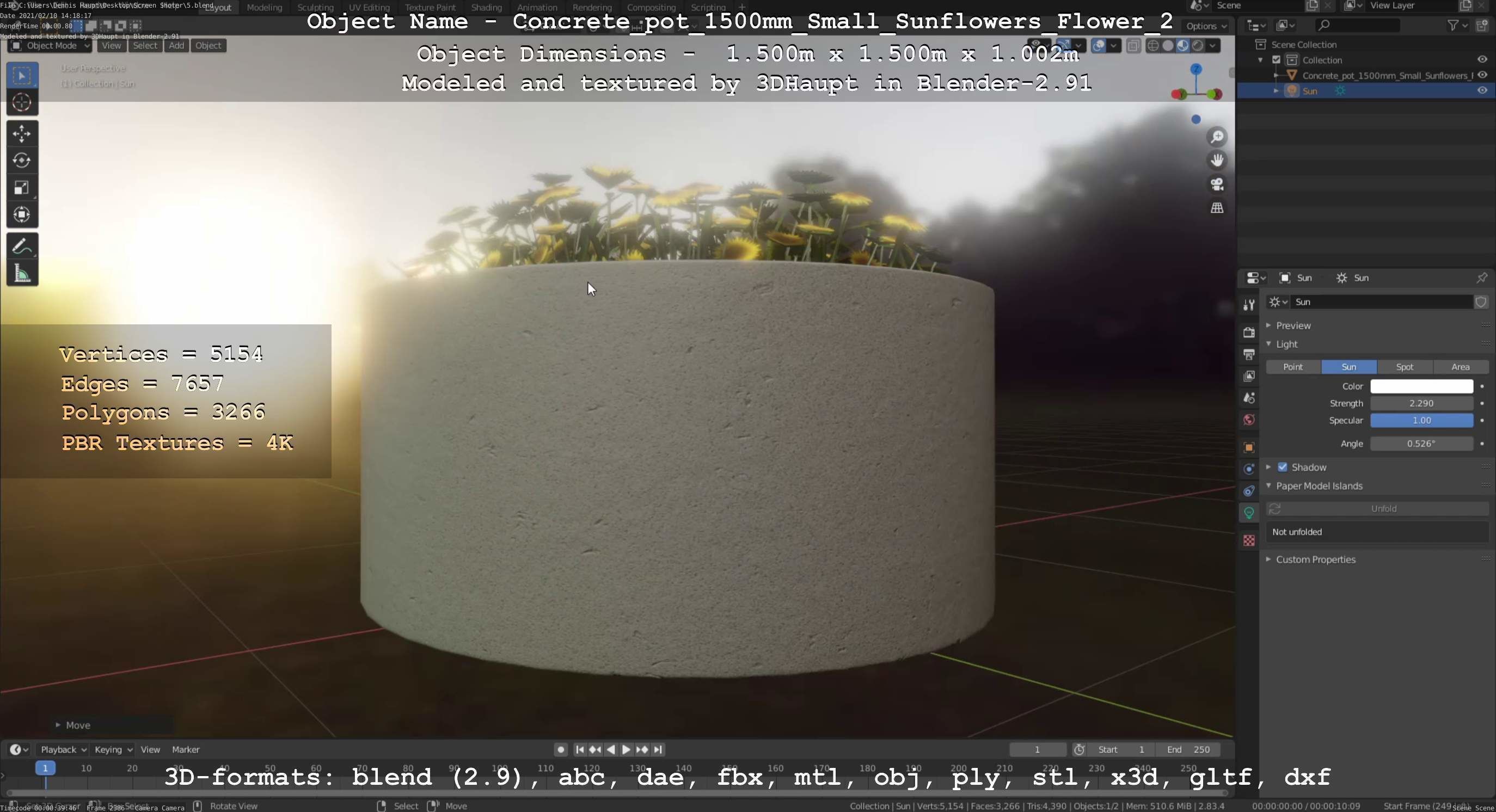 Concrete Pipe Pot 1500mm with Small Sunflowers Version 2 Low-poly 3D model_105