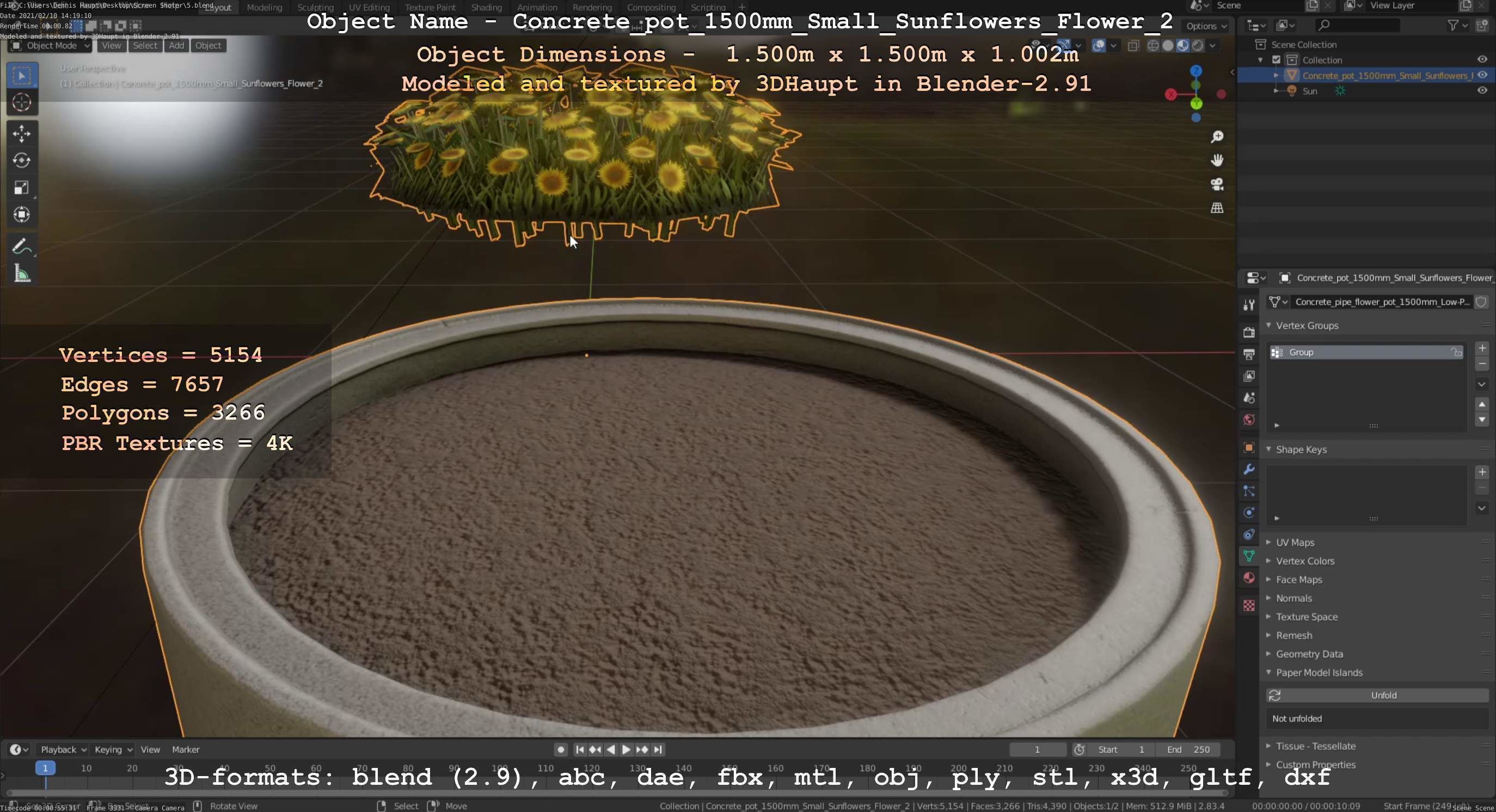 Concrete Pipe Pot 1500mm with Small Sunflowers Version 2 Low-poly 3D model_57