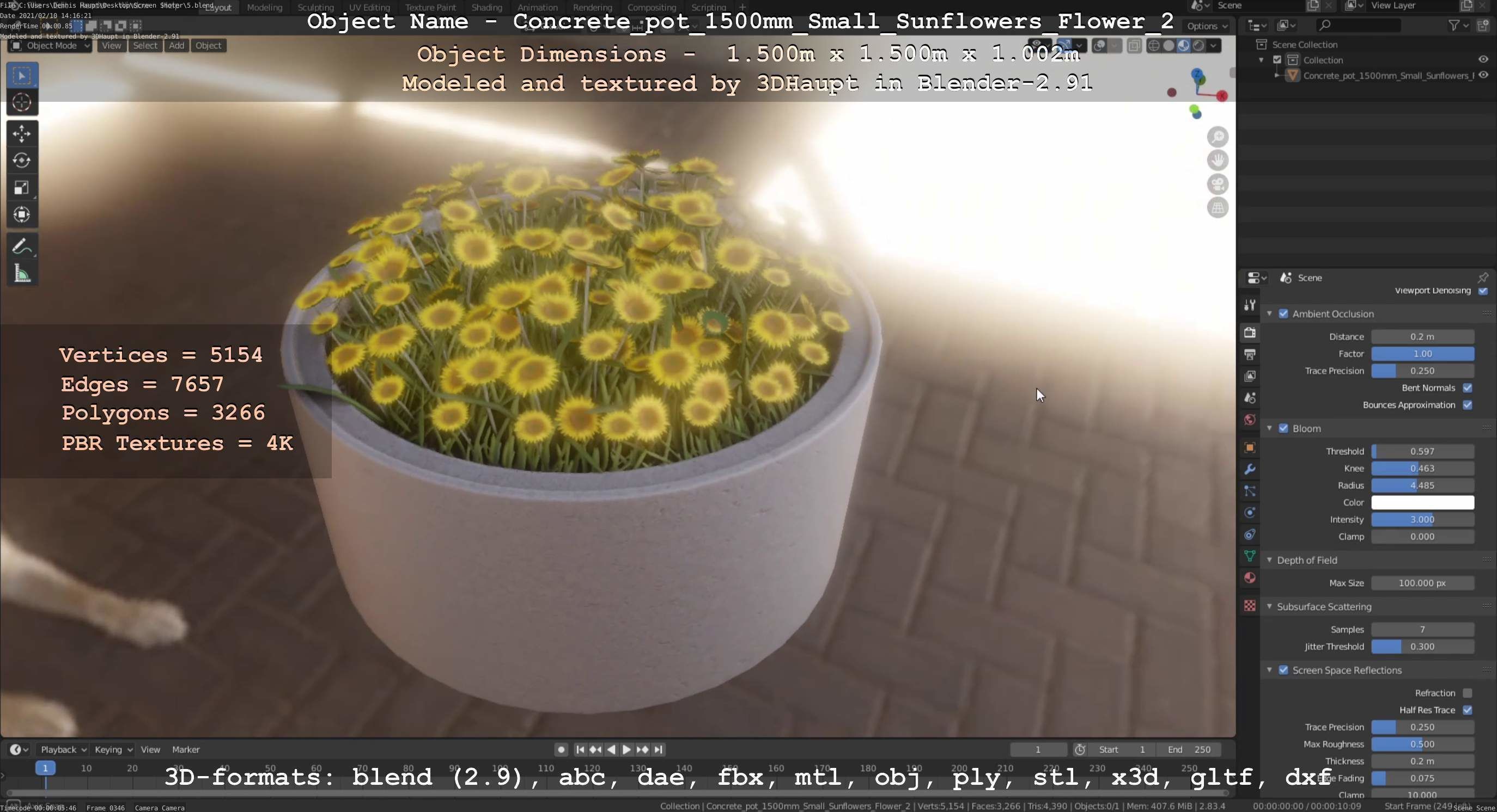 Concrete Pipe Pot 1500mm with Small Sunflowers Version 2 Low-poly 3D model_72