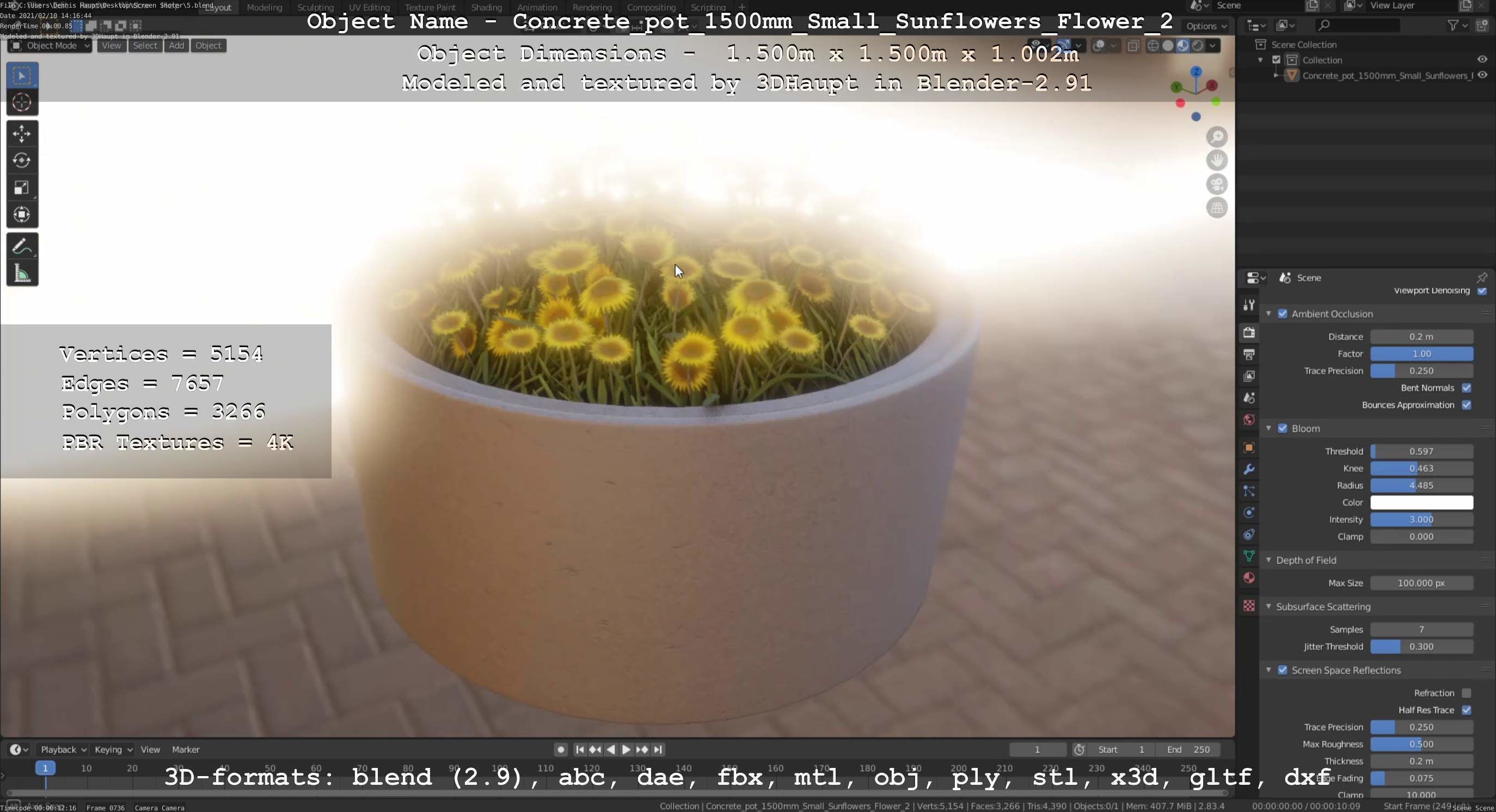 Concrete Pipe Pot 1500mm with Small Sunflowers Version 2 Low-poly 3D model_87