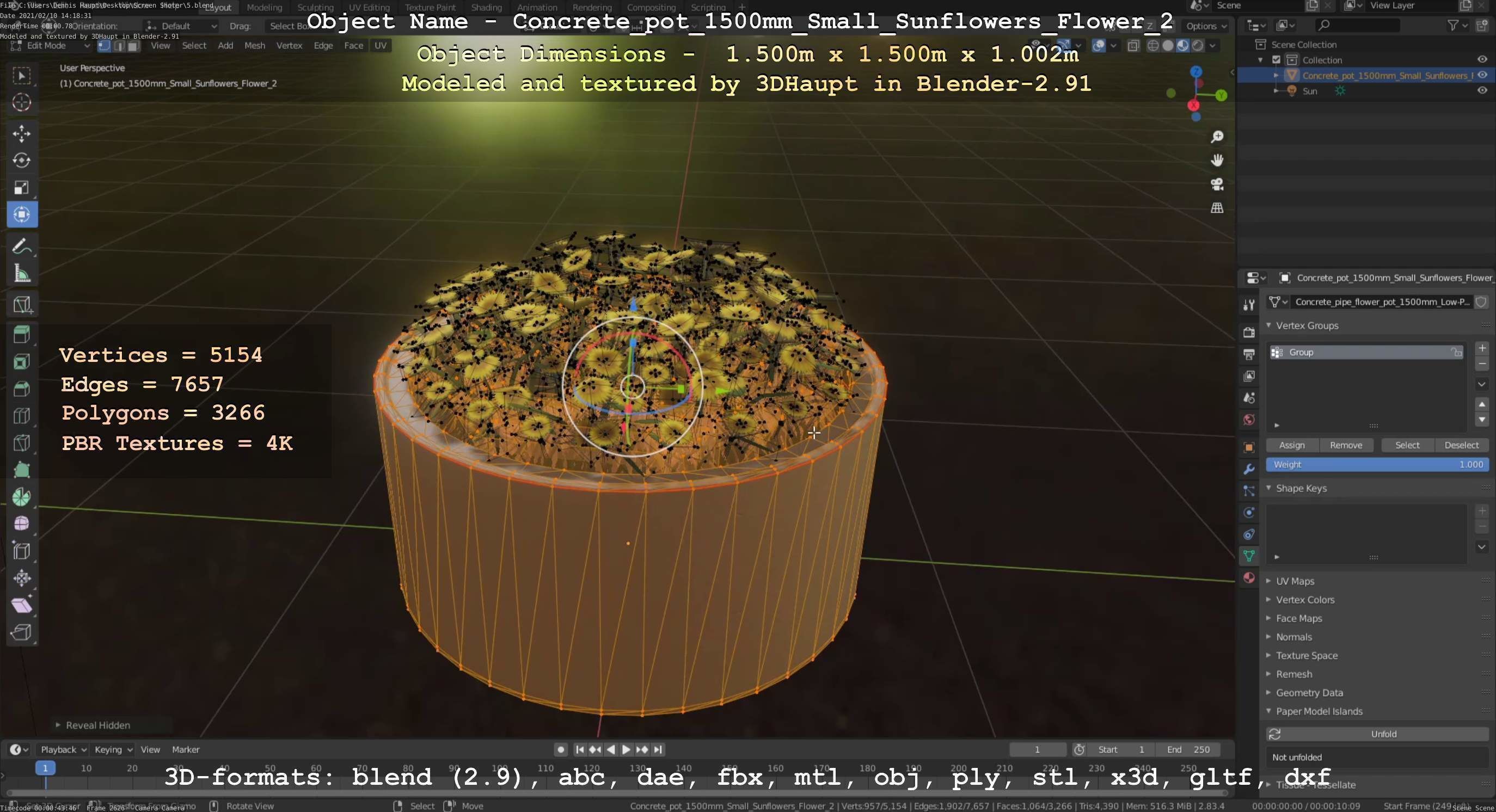 Concrete Pipe Pot 1500mm with Small Sunflowers Version 2 Low-poly 3D model_95
