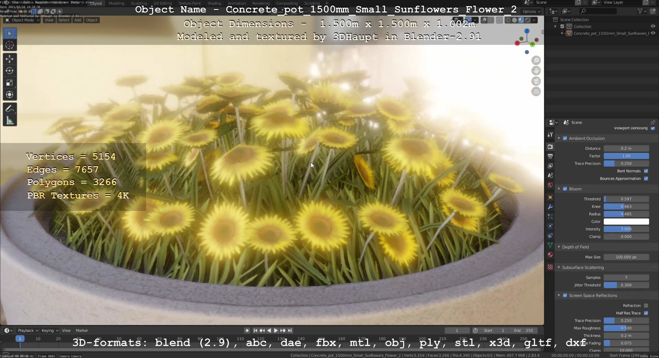 Concrete Pipe Pot 1500mm with Small Sunflowers Version 2 Low-poly 3D model_83