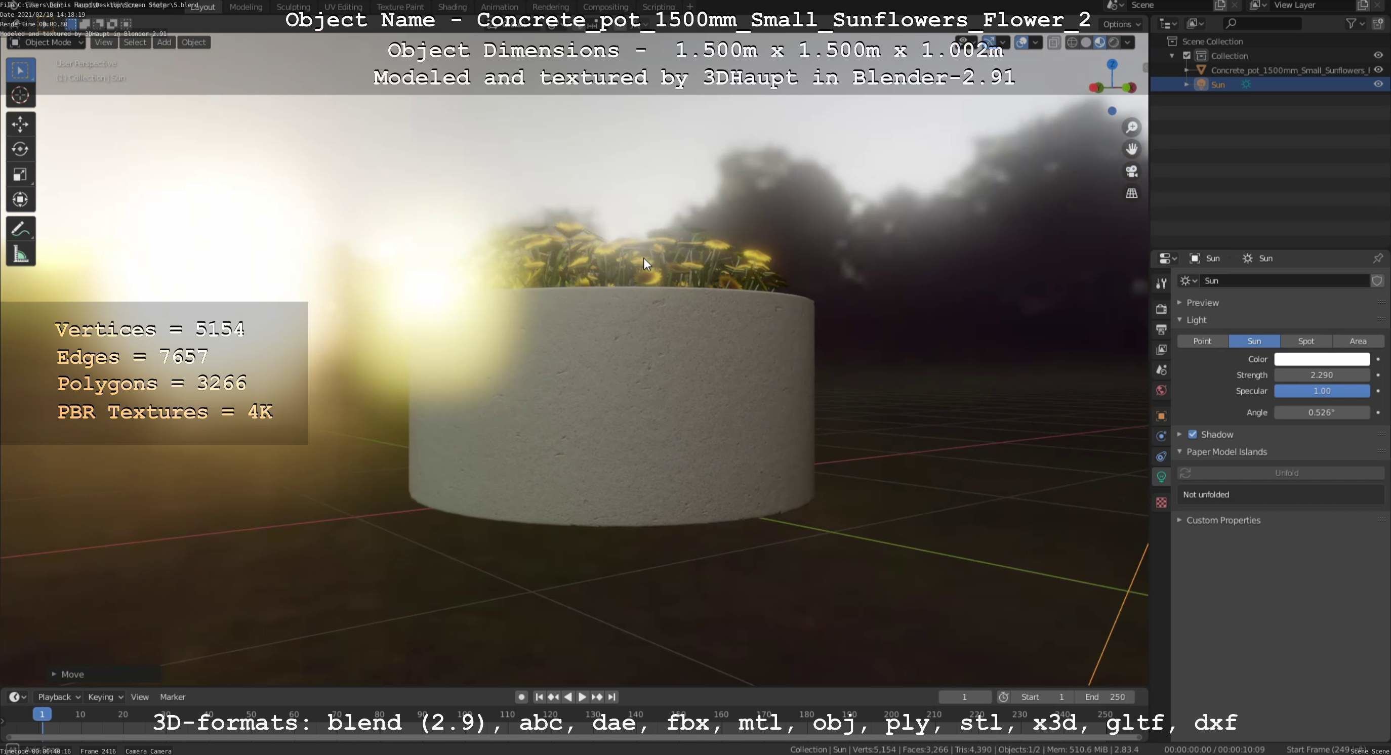 Concrete Pipe Pot 1500mm with Small Sunflowers Version 2 Low-poly 3D model_6