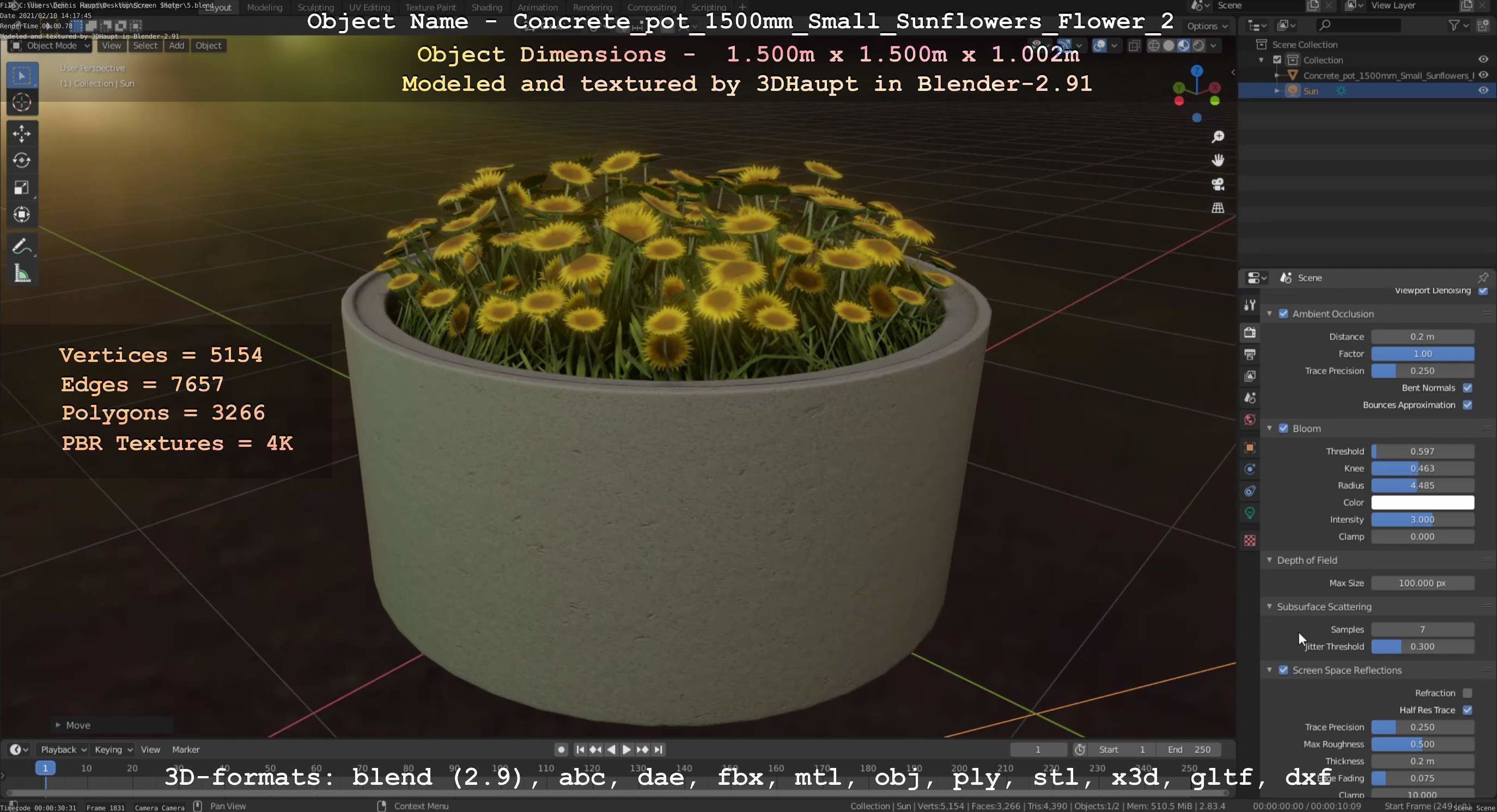 Concrete Pipe Pot 1500mm with Small Sunflowers Version 2 Low-poly 3D model_36