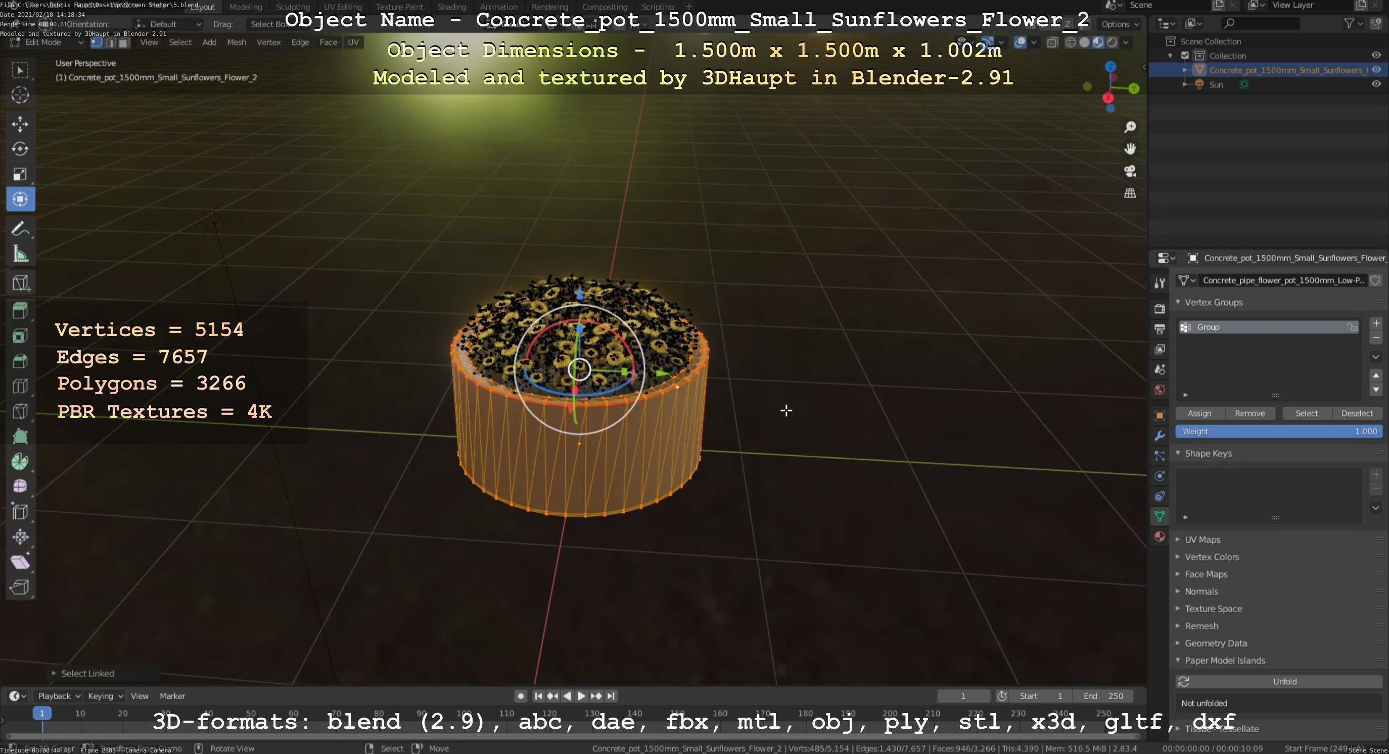 Concrete Pipe Pot 1500mm with Small Sunflowers Version 2 Low-poly 3D model_109