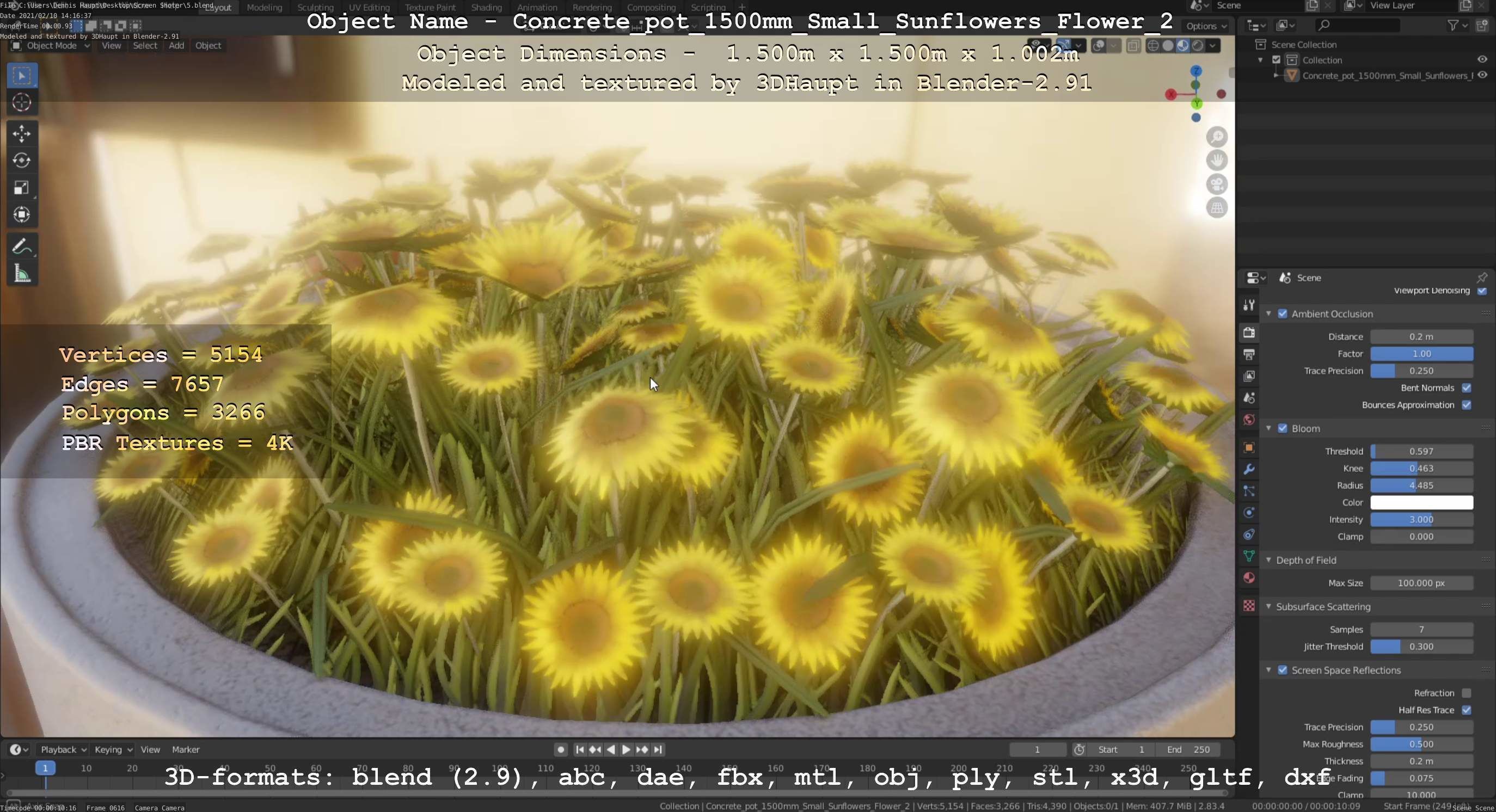 Concrete Pipe Pot 1500mm with Small Sunflowers Version 2 Low-poly 3D model_32