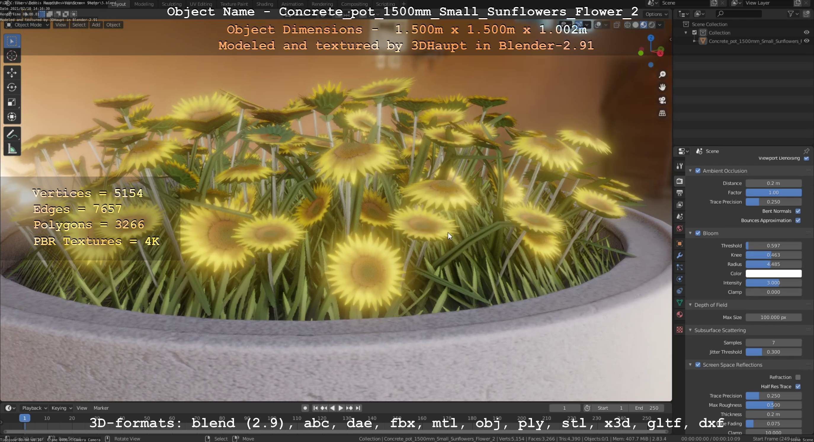 Concrete Pipe Pot 1500mm with Small Sunflowers Version 2 Low-poly 3D model_78