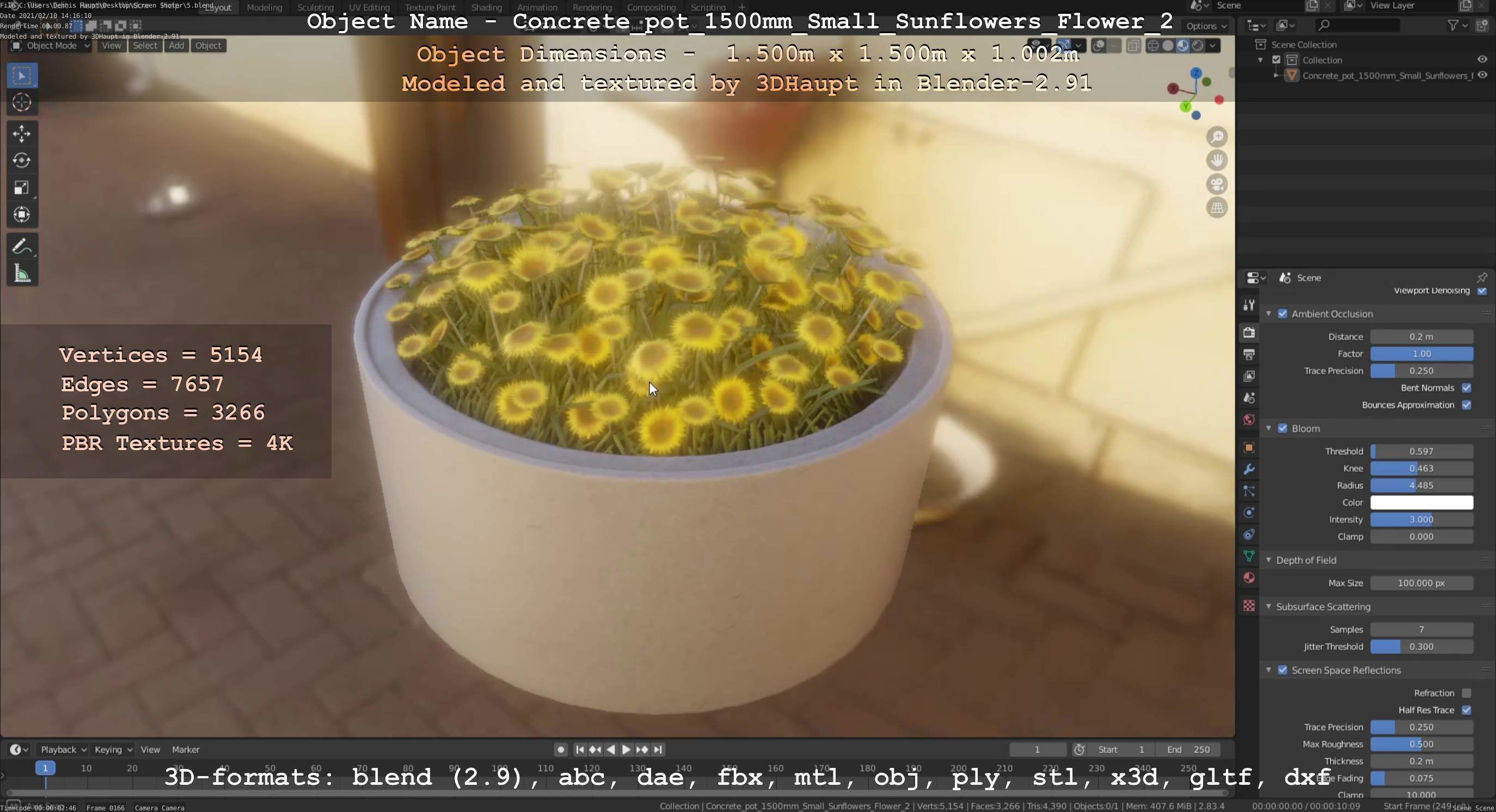 Concrete Pipe Pot 1500mm with Small Sunflowers Version 2 Low-poly 3D model_66
