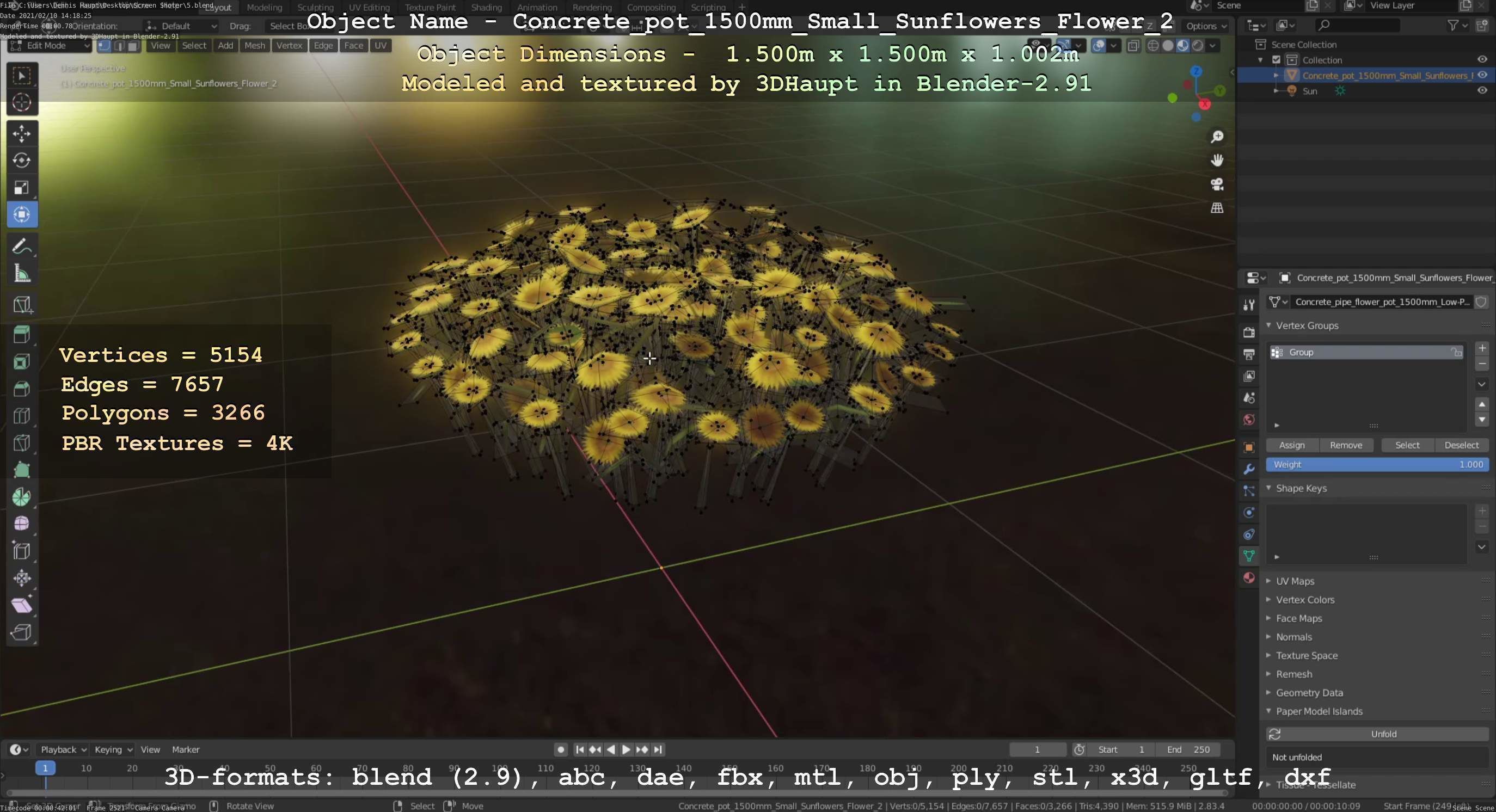 Concrete Pipe Pot 1500mm with Small Sunflowers Version 2 Low-poly 3D model_74