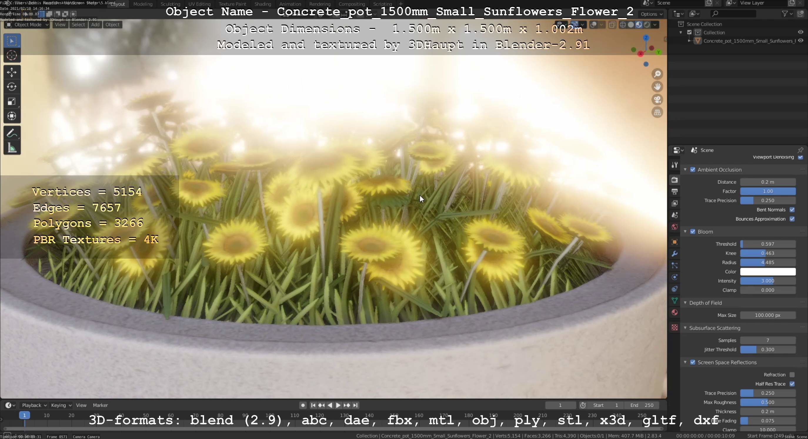 Concrete Pipe Pot 1500mm with Small Sunflowers Version 2 Low-poly 3D model_81