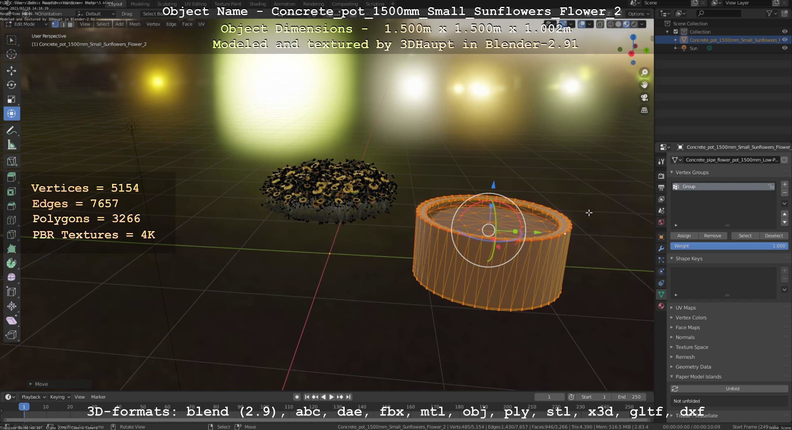 Concrete Pipe Pot 1500mm with Small Sunflowers Version 2 Low-poly 3D model_44