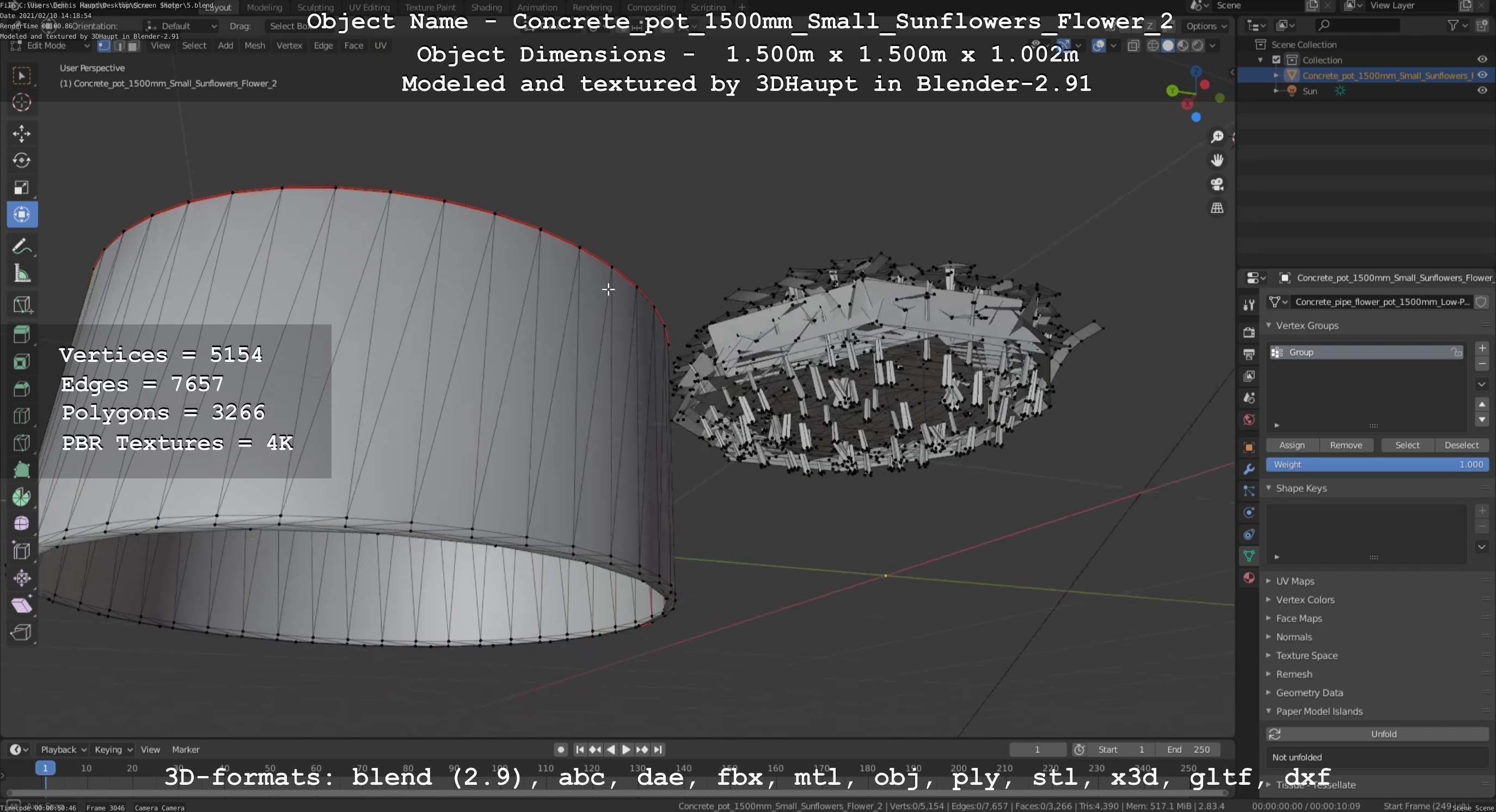 Concrete Pipe Pot 1500mm with Small Sunflowers Version 2 Low-poly 3D model_55