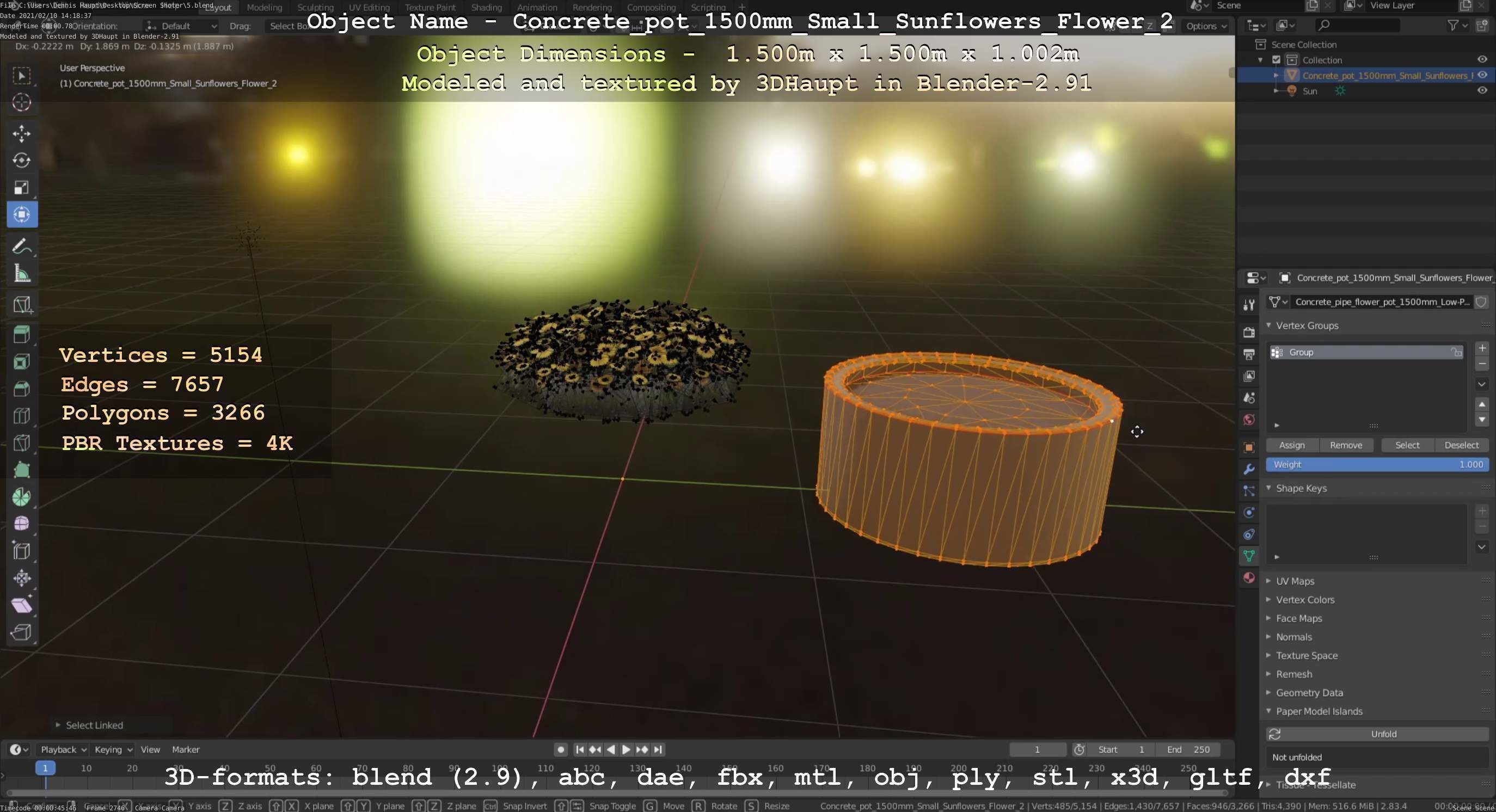 Concrete Pipe Pot 1500mm with Small Sunflowers Version 2 Low-poly 3D model_43