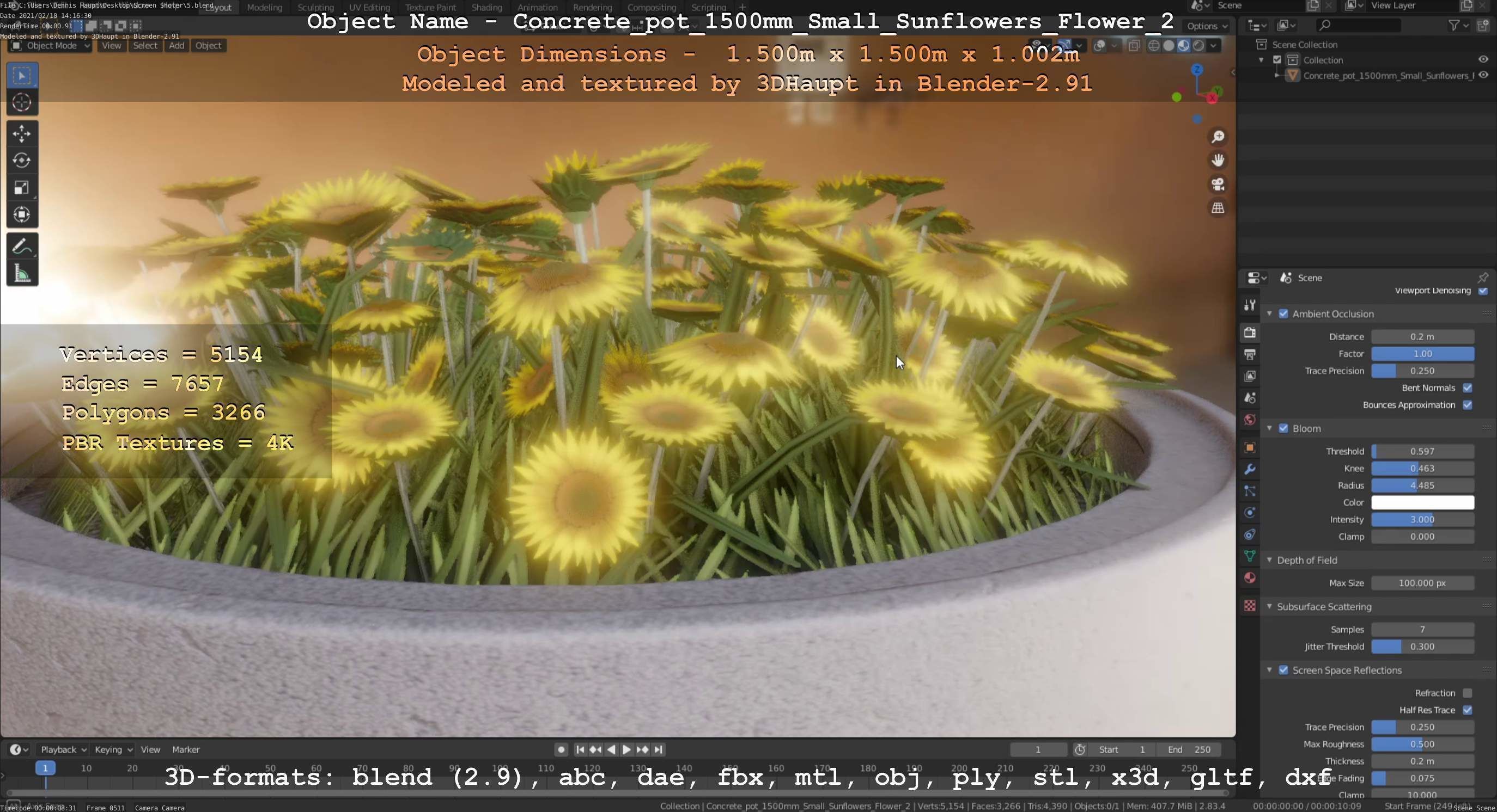 Concrete Pipe Pot 1500mm with Small Sunflowers Version 2 Low-poly 3D model_79