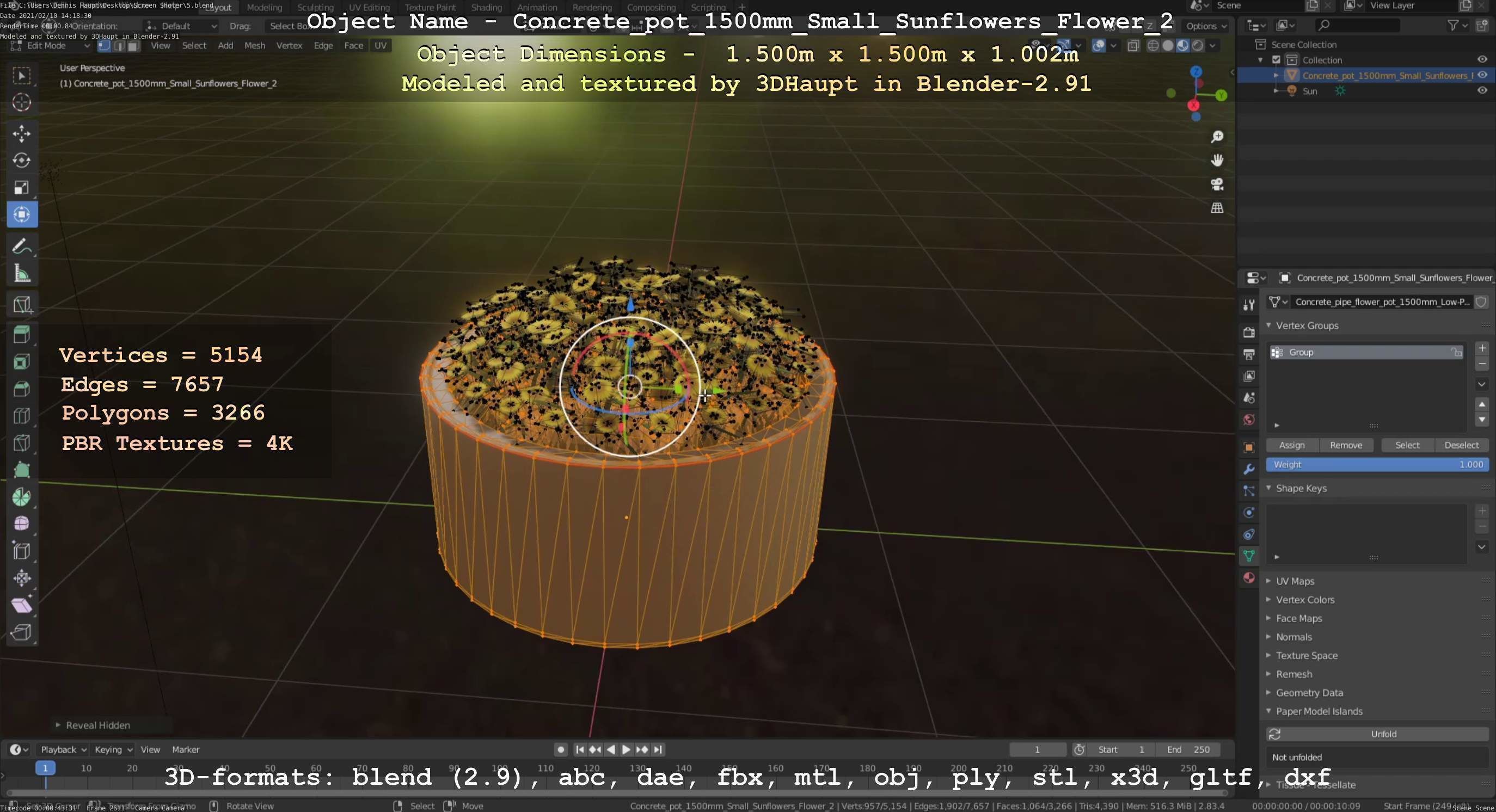 Concrete Pipe Pot 1500mm with Small Sunflowers Version 2 Low-poly 3D model_85