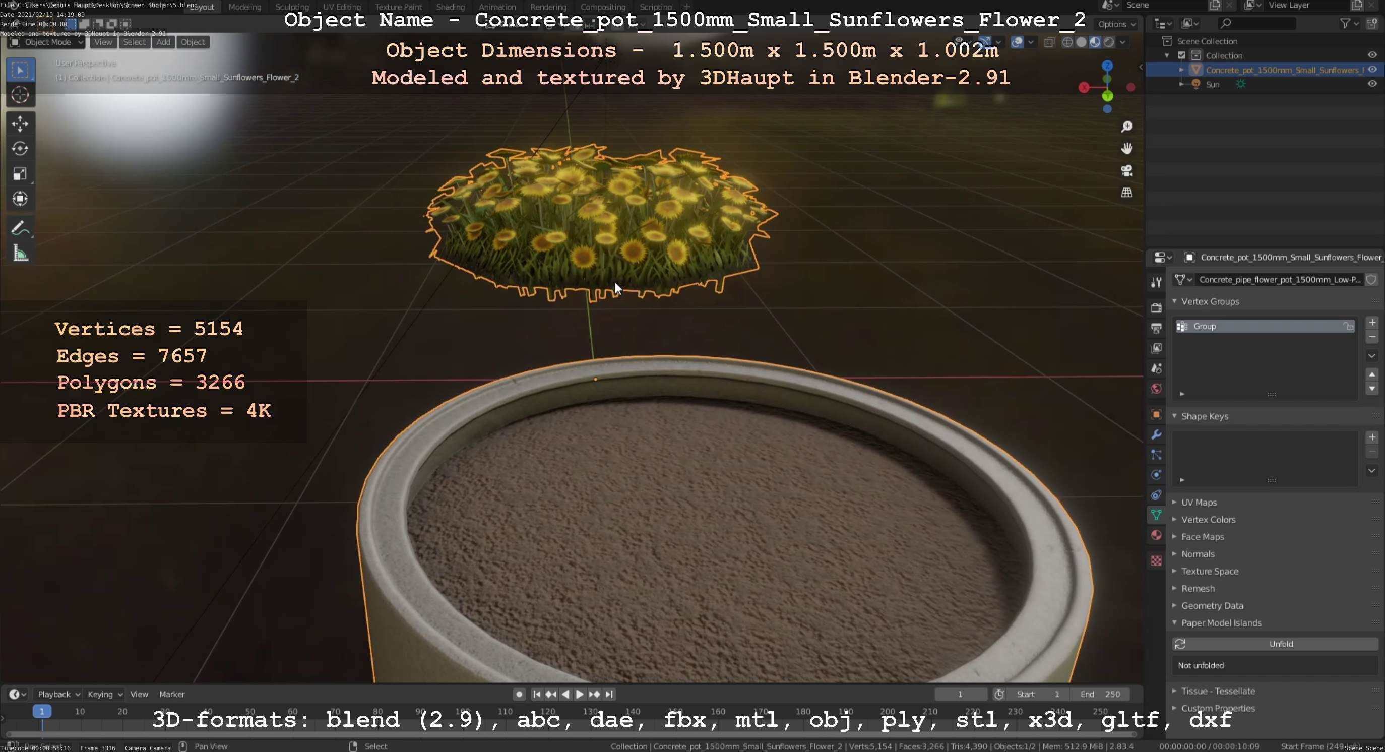 Concrete Pipe Pot 1500mm with Small Sunflowers Version 2 Low-poly 3D model_56