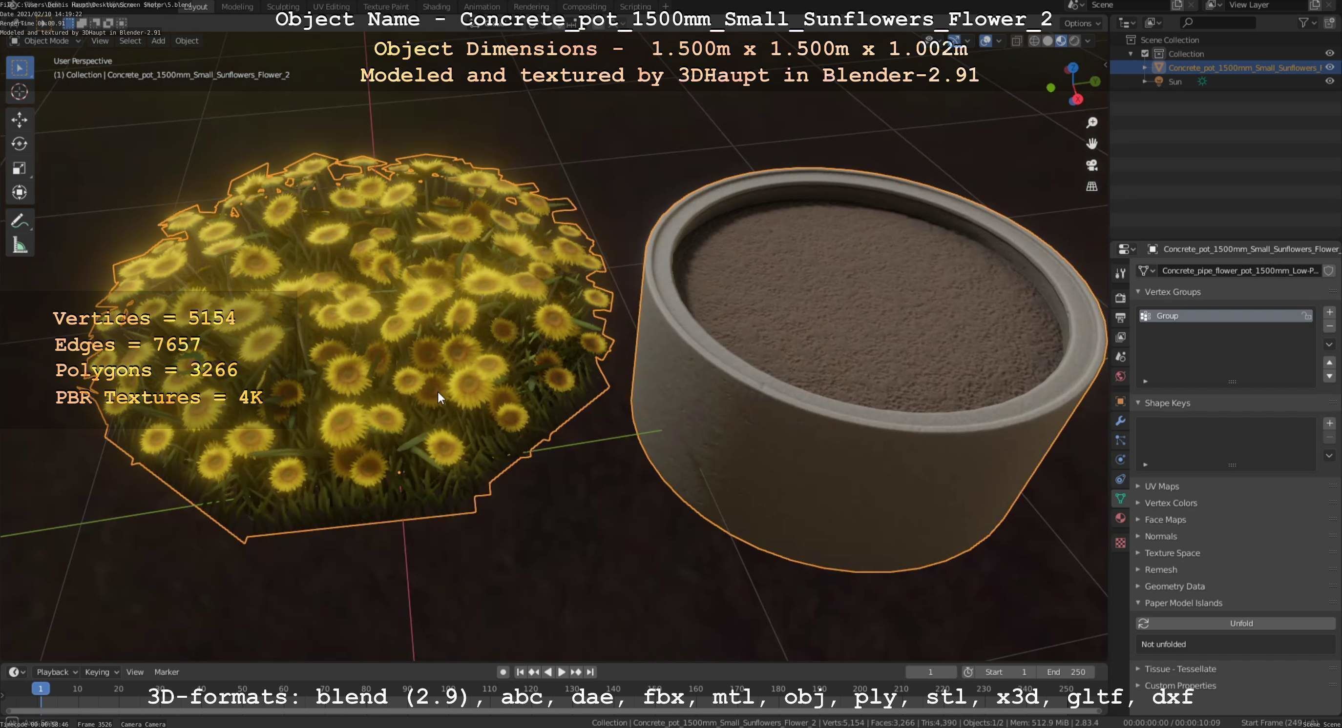 Concrete Pipe Pot 1500mm with Small Sunflowers Version 2 Low-poly 3D model_22