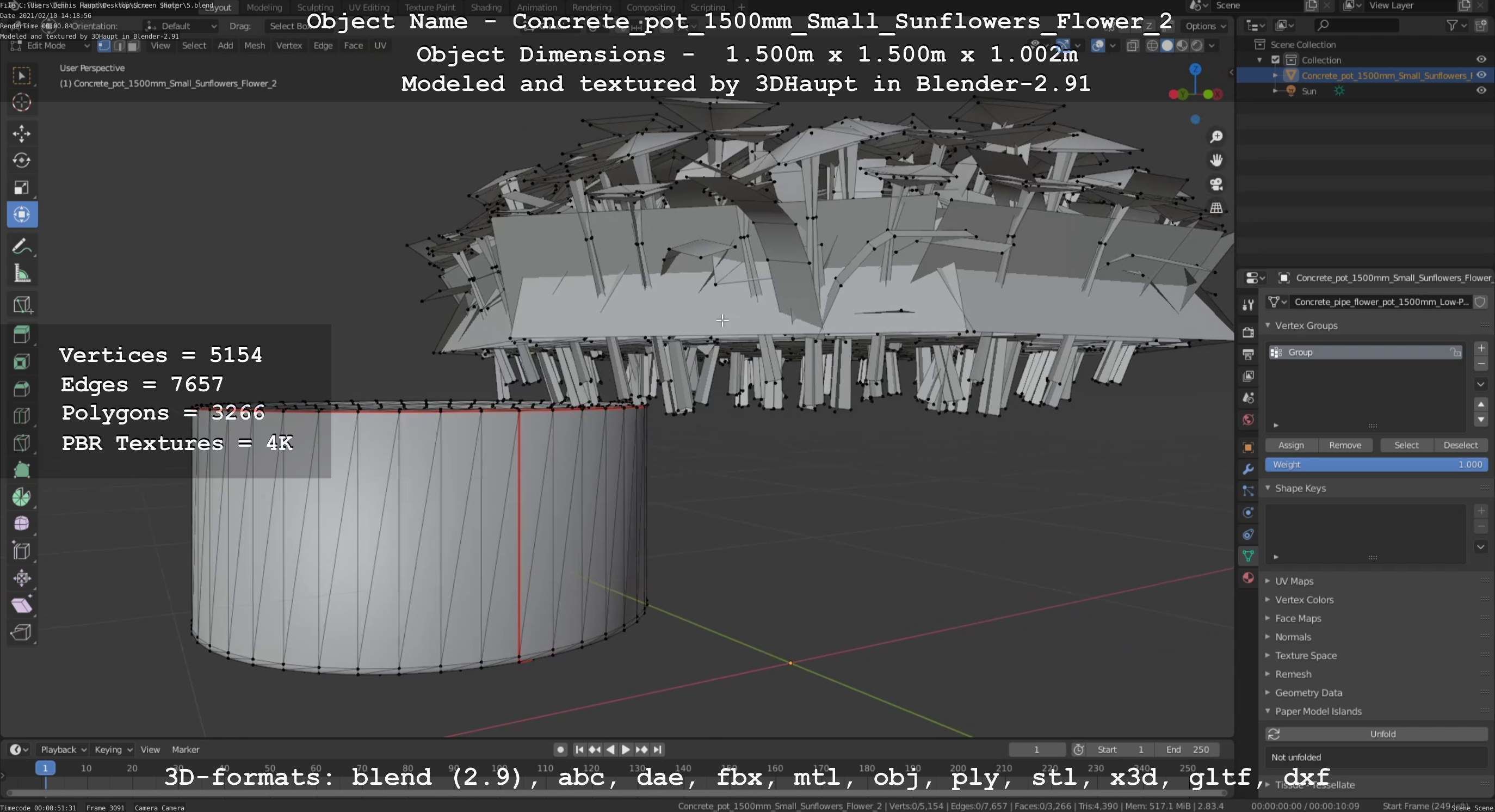 Concrete Pipe Pot 1500mm with Small Sunflowers Version 2 Low-poly 3D model_16