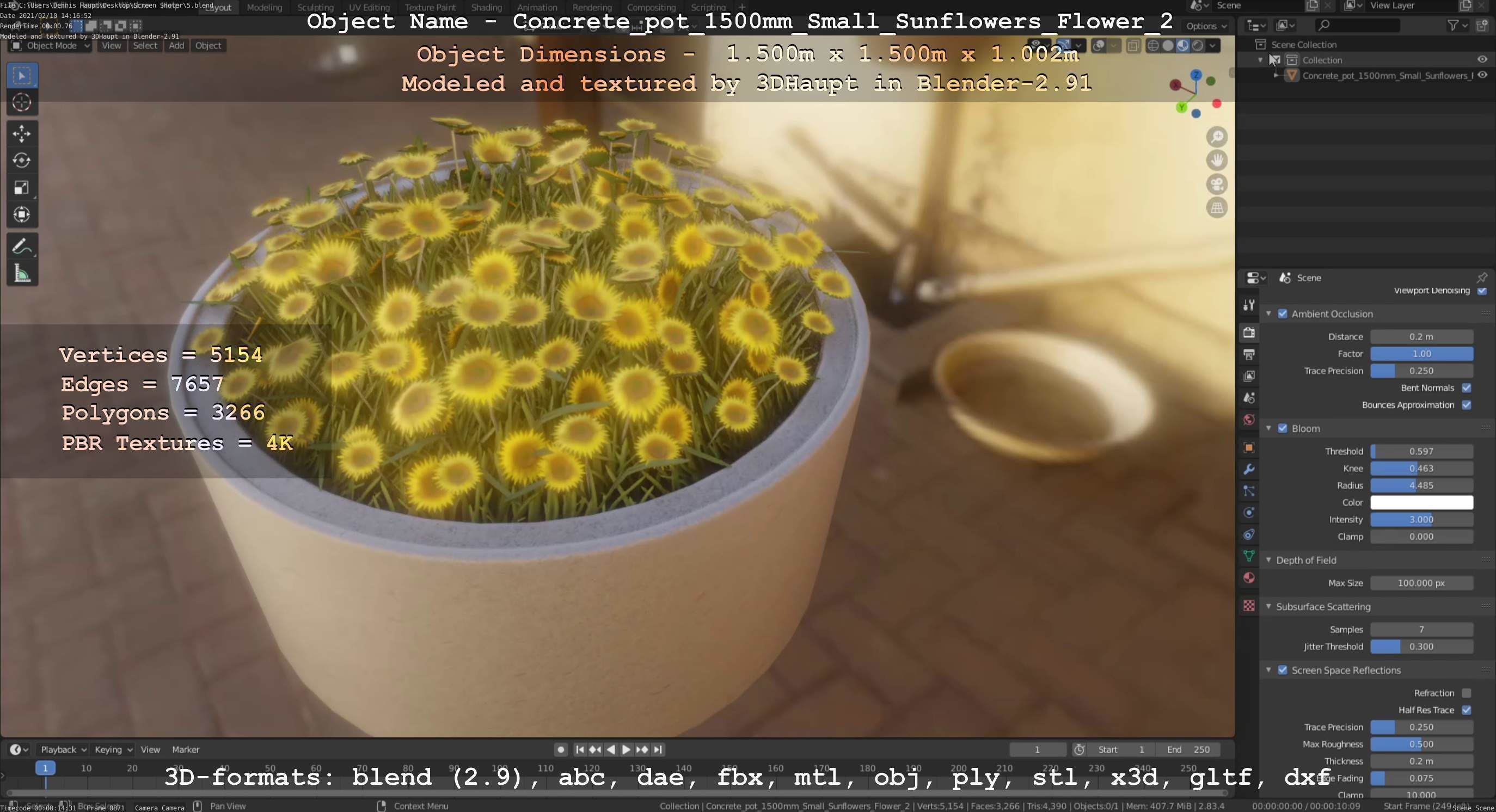 Concrete Pipe Pot 1500mm with Small Sunflowers Version 2 Low-poly 3D model_93