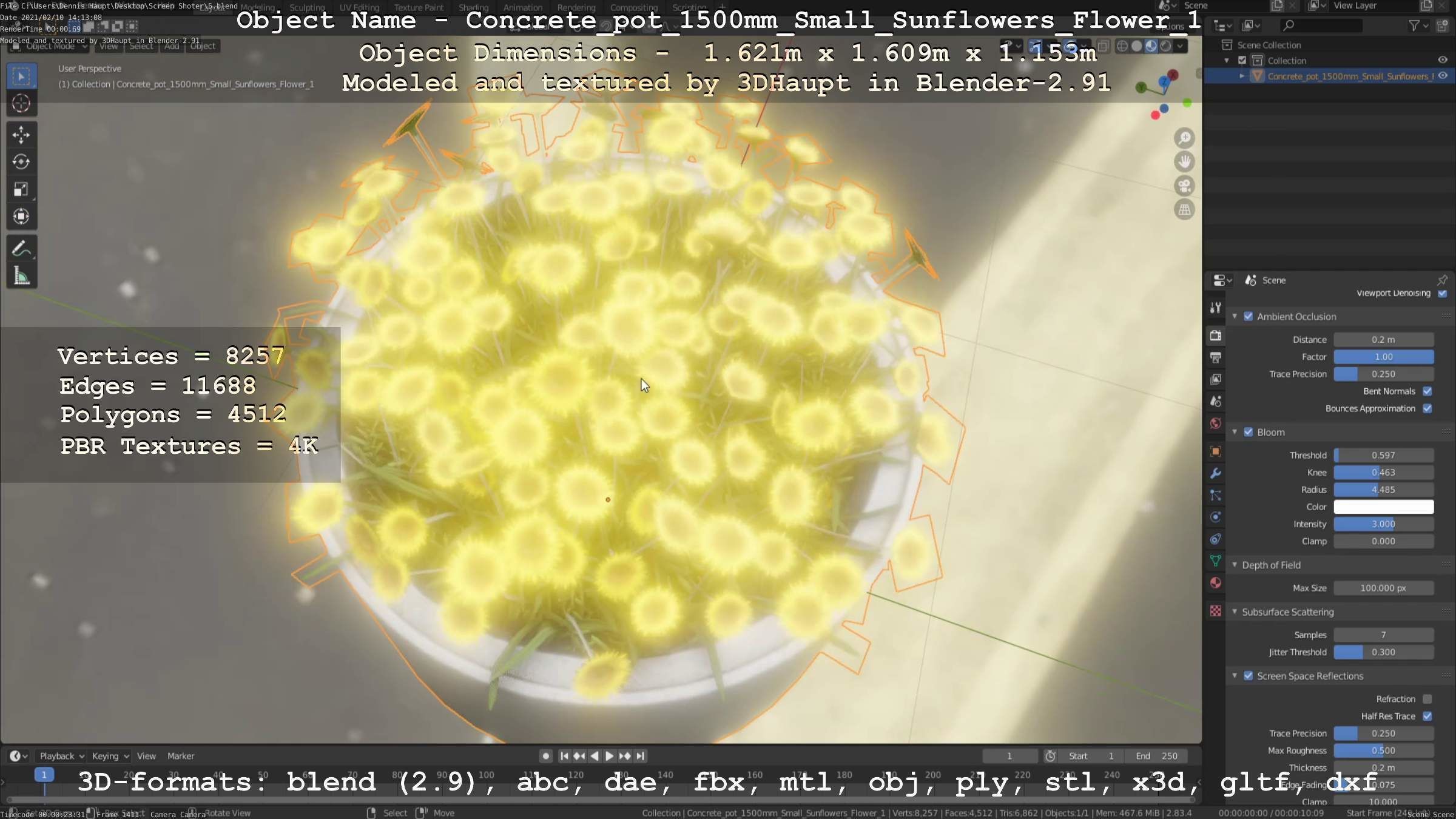 Concrete Pipe Pot 1500mm with Small Sunflowers Version 1 Low-poly 3D model_4