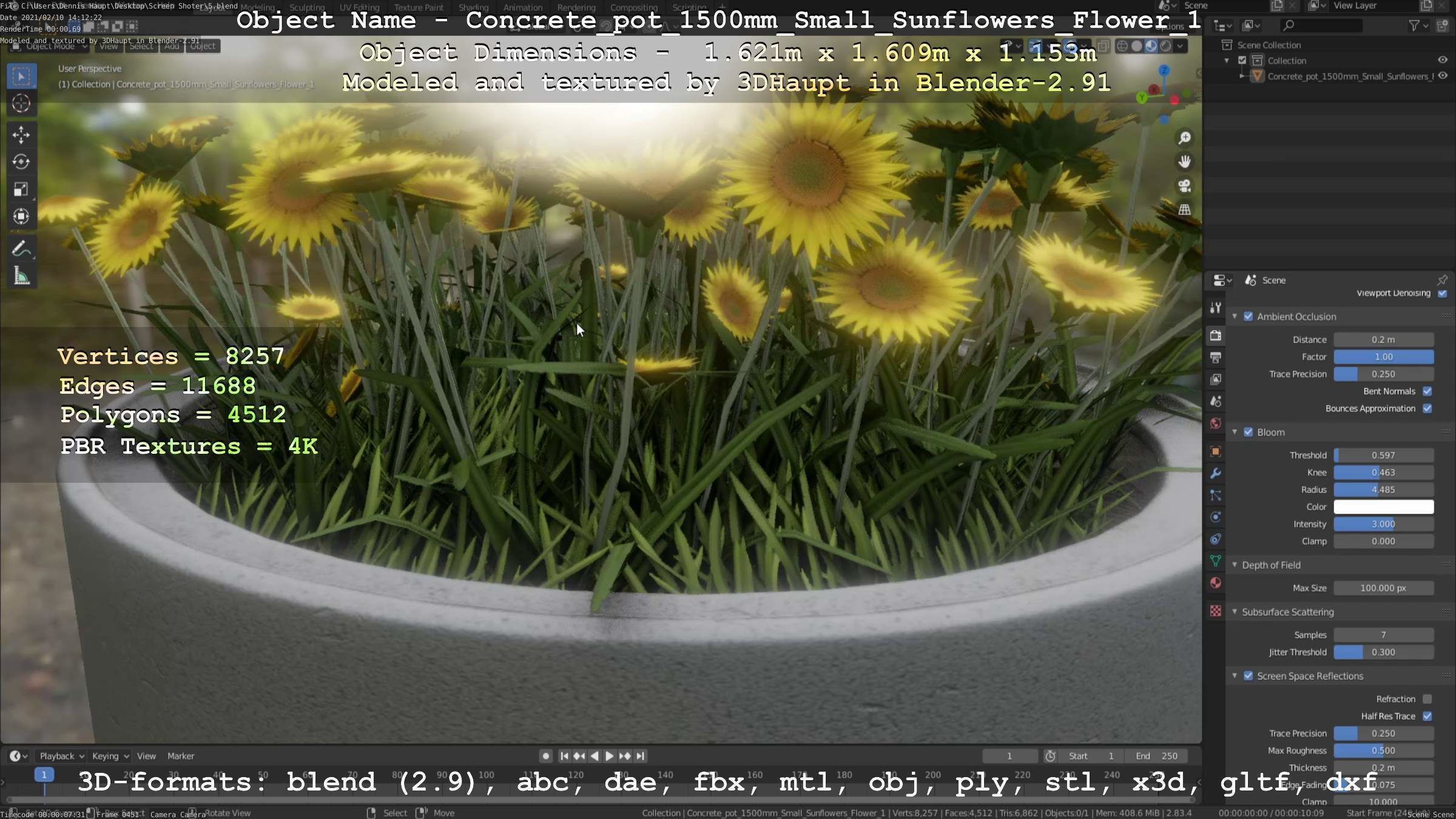 Concrete Pipe Pot 1500mm with Small Sunflowers Version 1 Low-poly 3D model_50