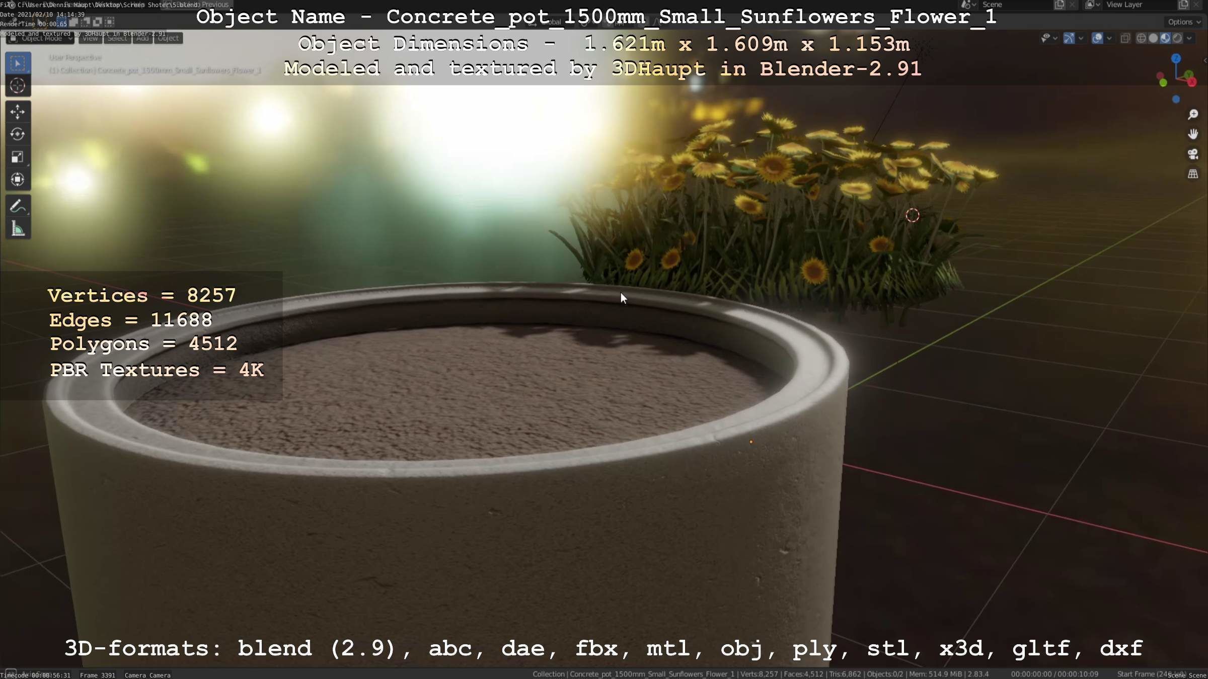 Concrete Pipe Pot 1500mm with Small Sunflowers Version 1 Low-poly 3D model_19