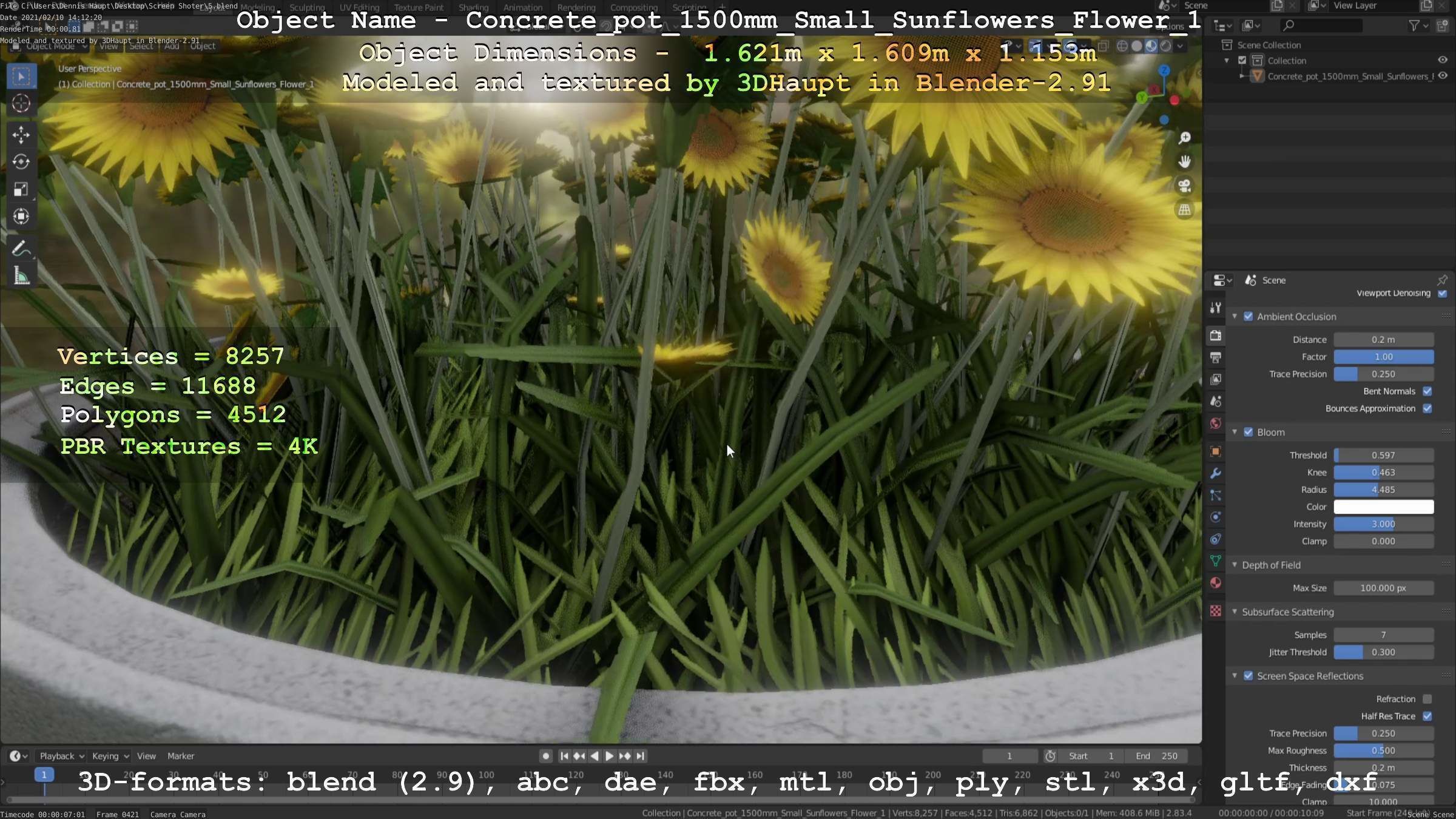 Concrete Pipe Pot 1500mm with Small Sunflowers Version 1 Low-poly 3D model_44