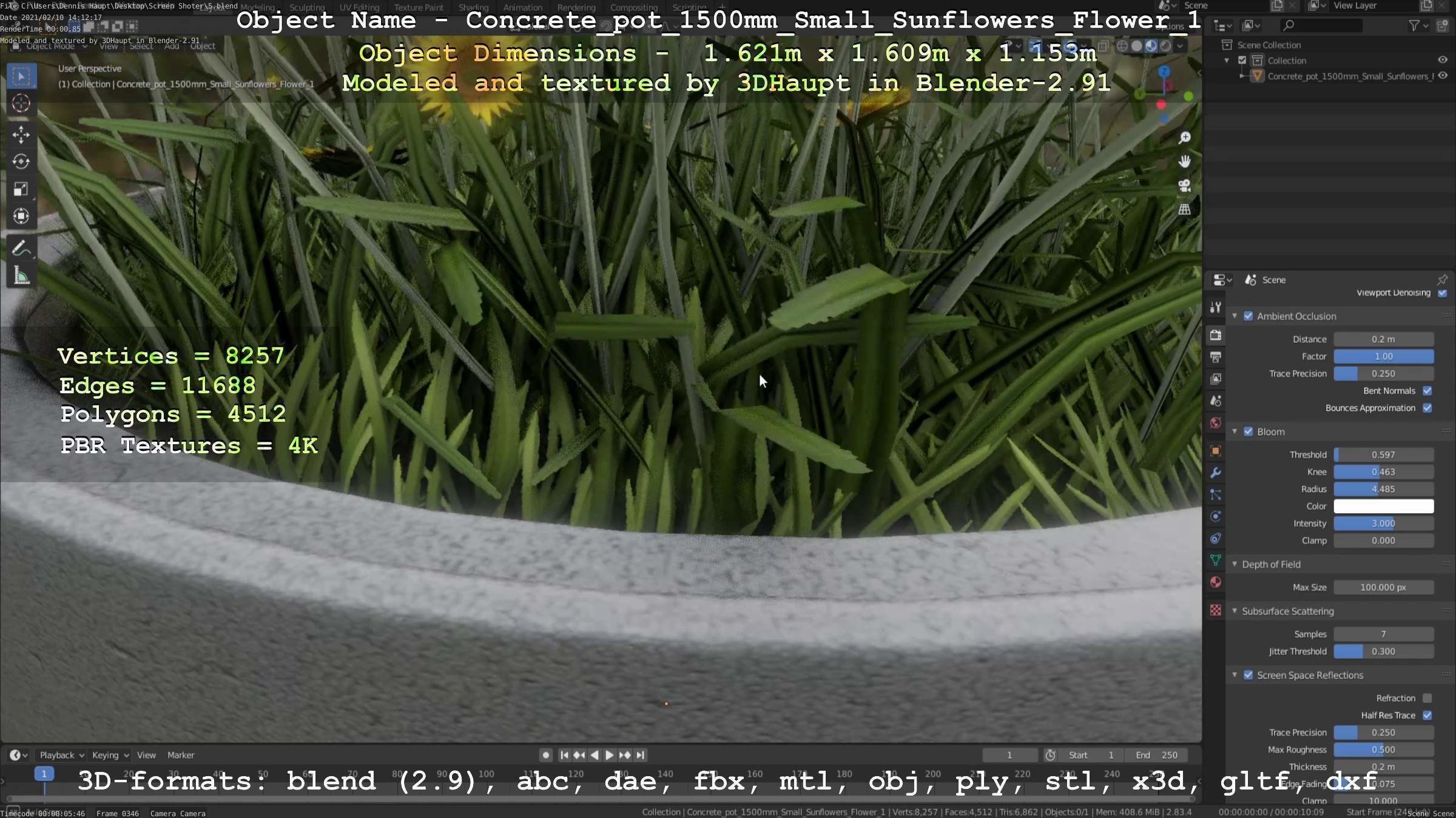 Concrete Pipe Pot 1500mm with Small Sunflowers Version 1 Low-poly 3D model_59