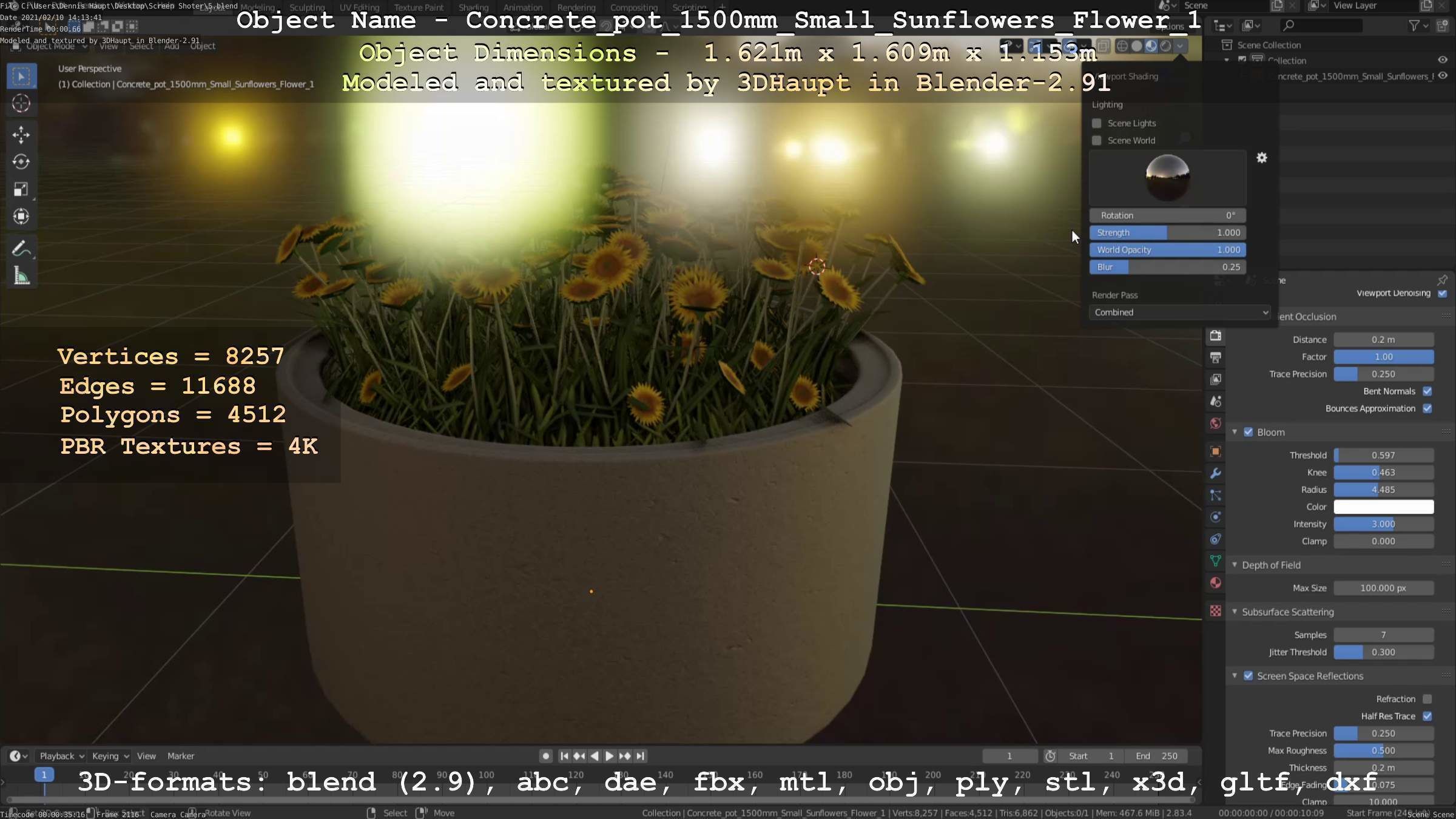 Concrete Pipe Pot 1500mm with Small Sunflowers Version 1 Low-poly 3D model_11