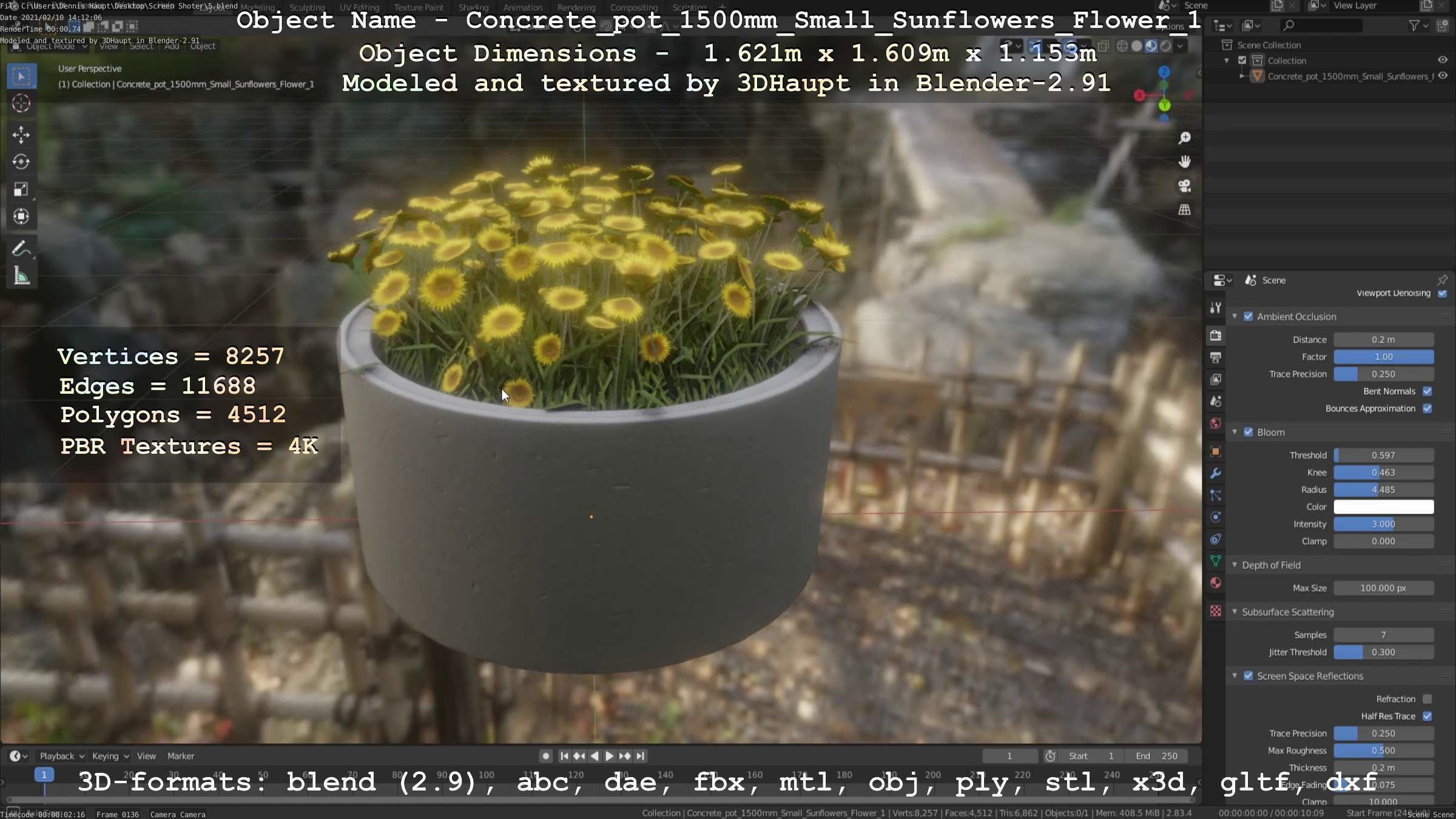 Concrete Pipe Pot 1500mm with Small Sunflowers Version 1 Low-poly 3D model_56