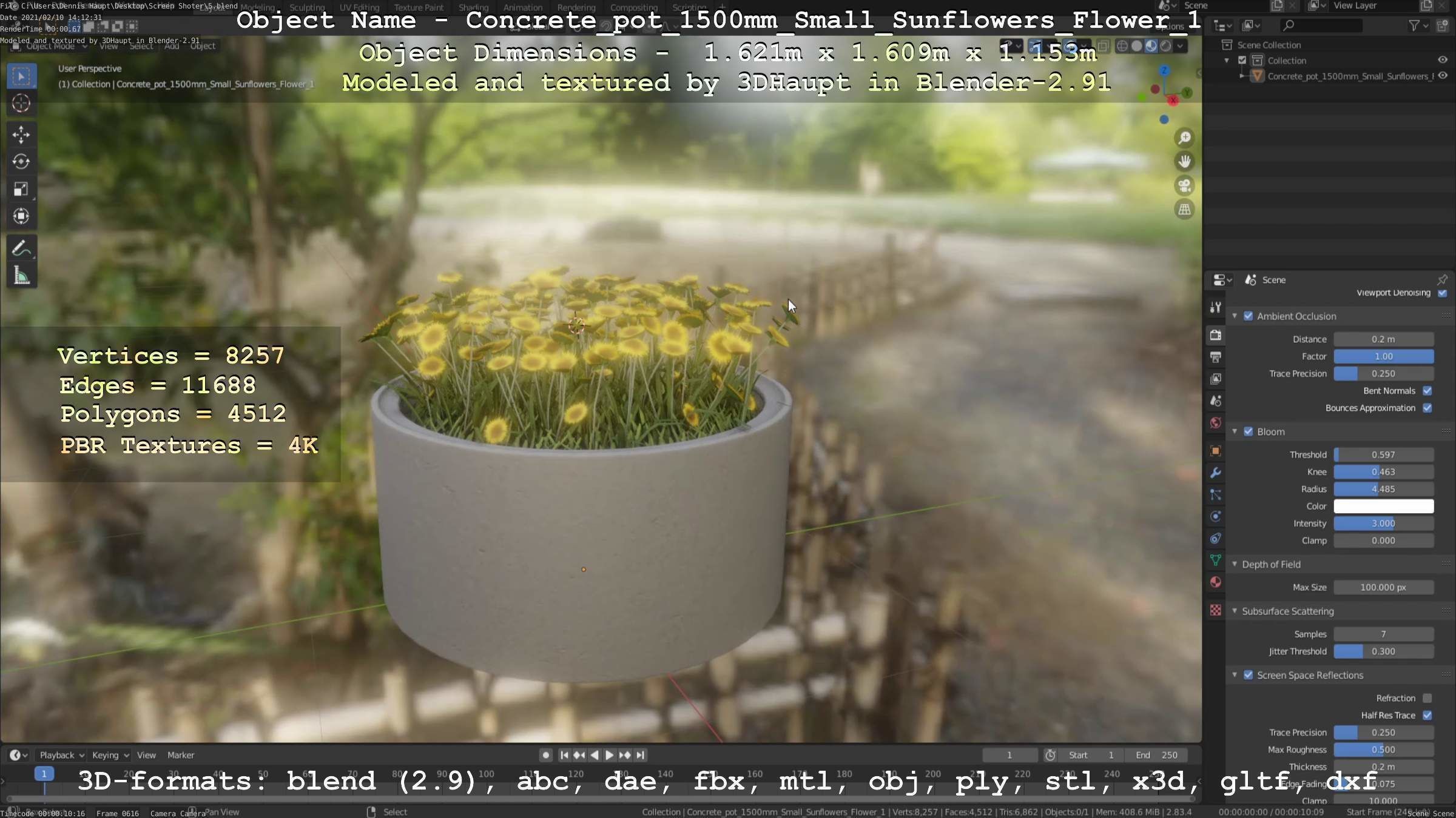 Concrete Pipe Pot 1500mm with Small Sunflowers Version 1 Low-poly 3D model_33