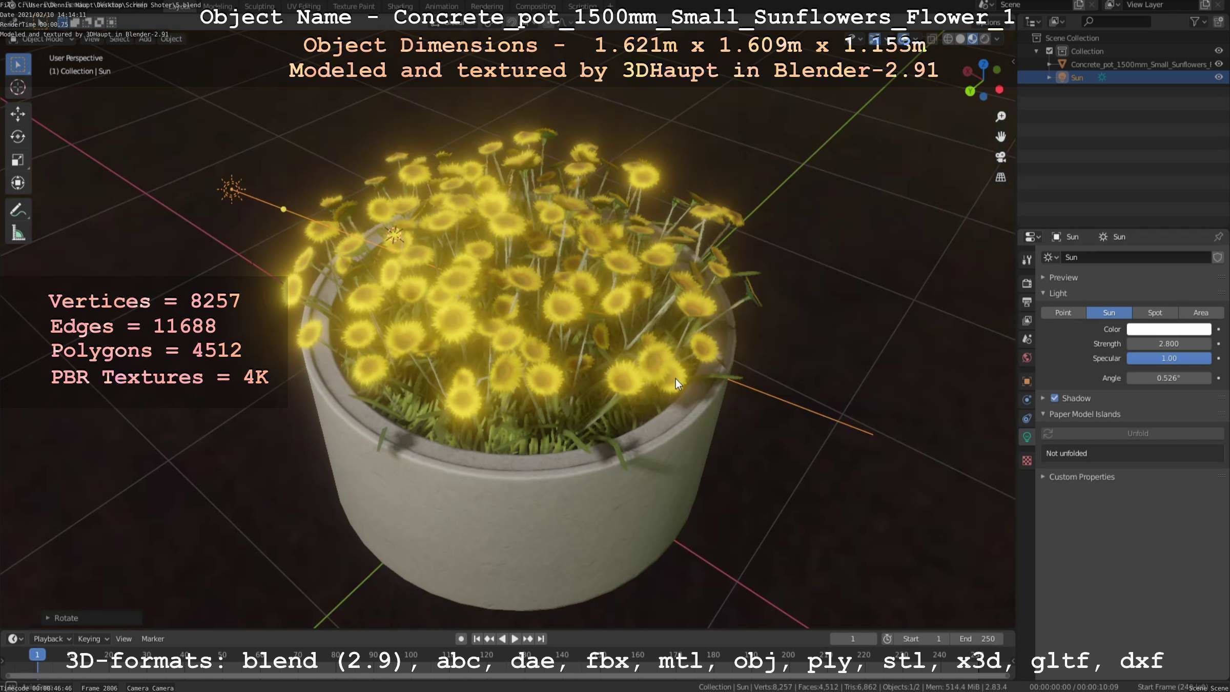 Concrete Pipe Pot 1500mm with Small Sunflowers Version 1 Low-poly 3D model_38