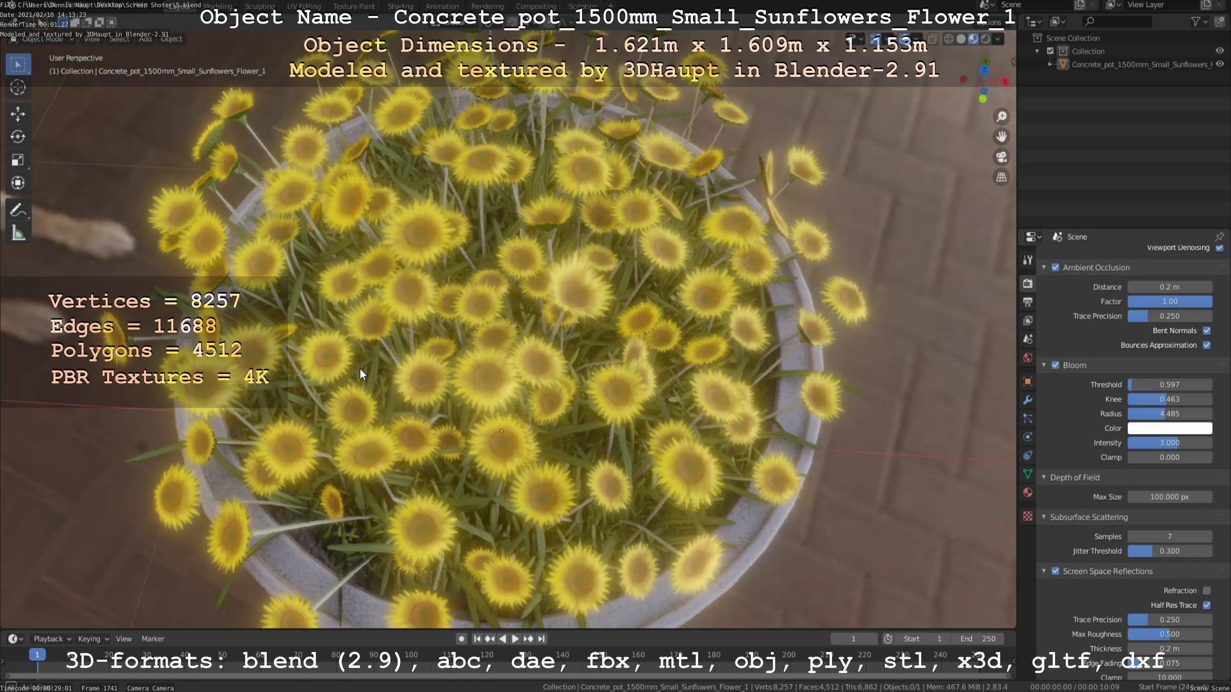 Concrete Pipe Pot 1500mm with Small Sunflowers Version 1 Low-poly 3D model_40