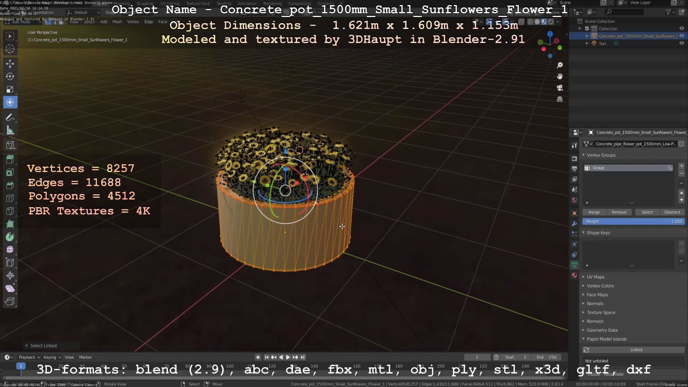 Concrete Pipe Pot 1500mm with Small Sunflowers Version 1 Low-poly 3D model_48