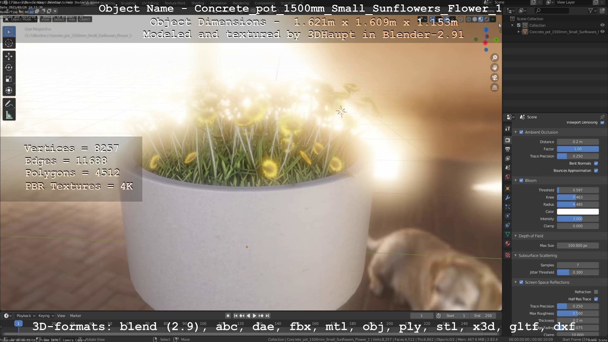 Concrete Pipe Pot 1500mm with Small Sunflowers Version 1 Low-poly 3D model_10