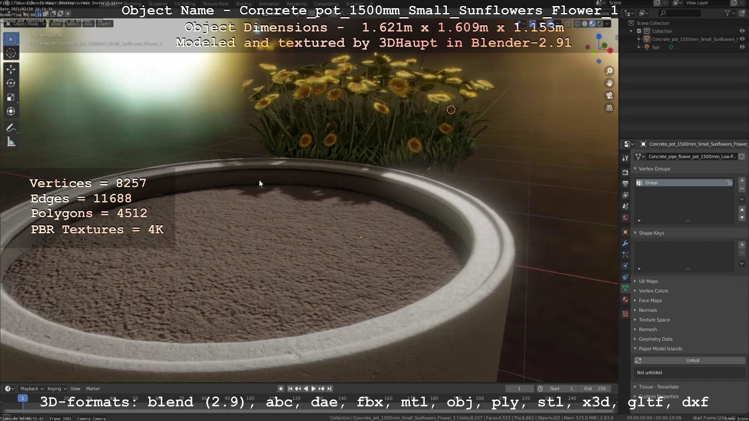 Concrete Pipe Pot 1500mm with Small Sunflowers Version 1 Low-poly 3D model_18