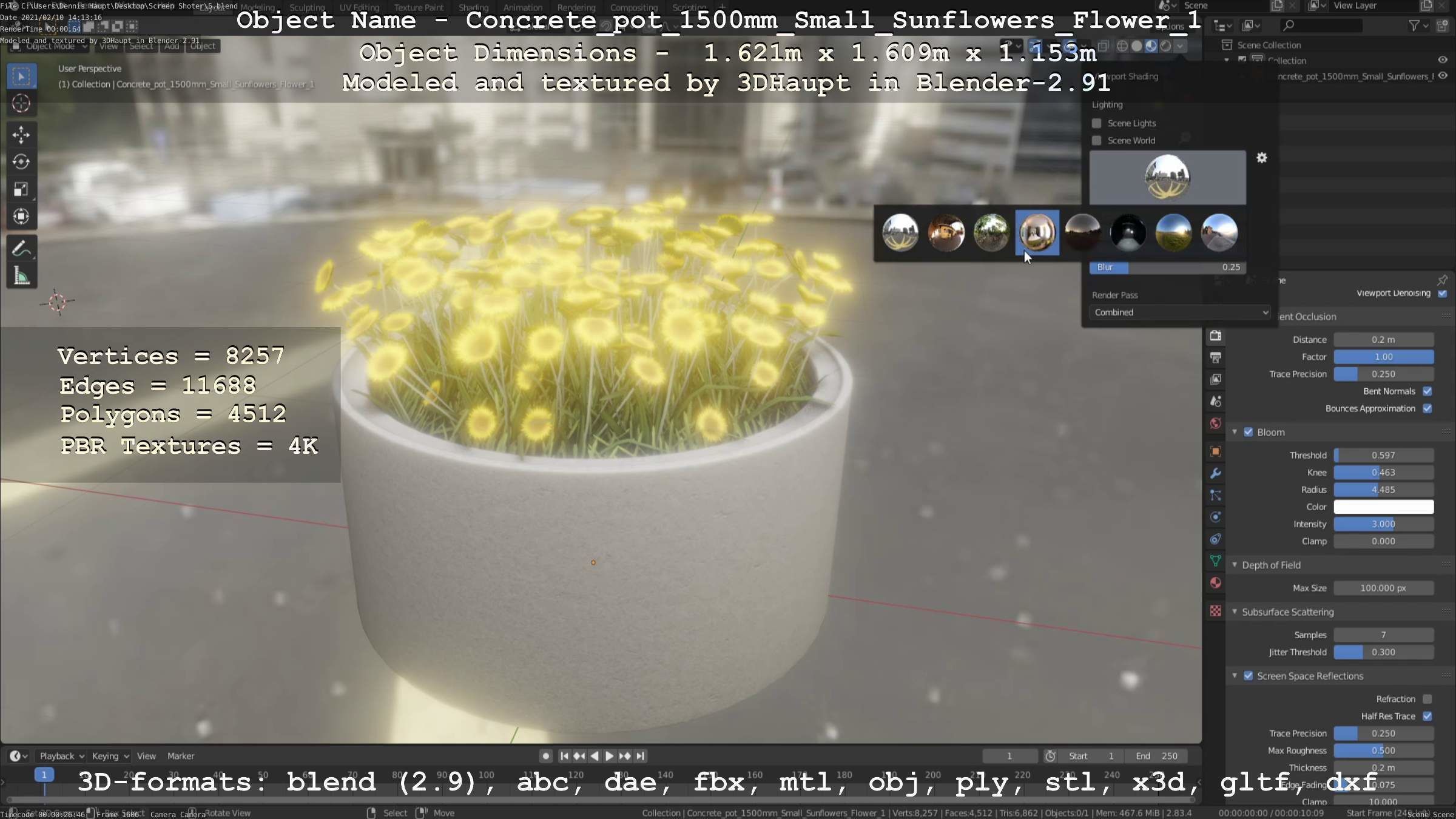 Concrete Pipe Pot 1500mm with Small Sunflowers Version 1 Low-poly 3D model_6