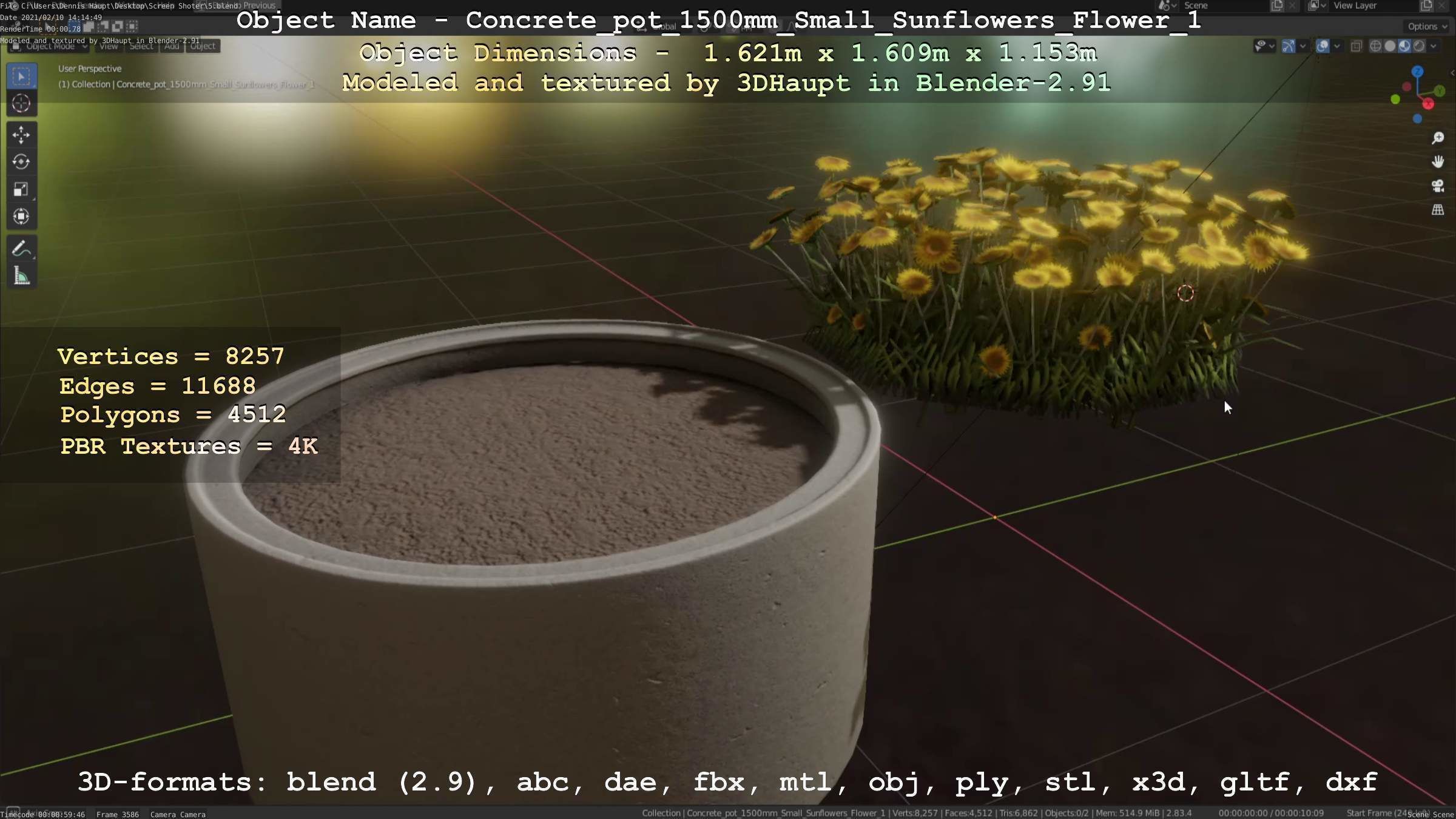 Concrete Pipe Pot 1500mm with Small Sunflowers Version 1 Low-poly 3D model_22