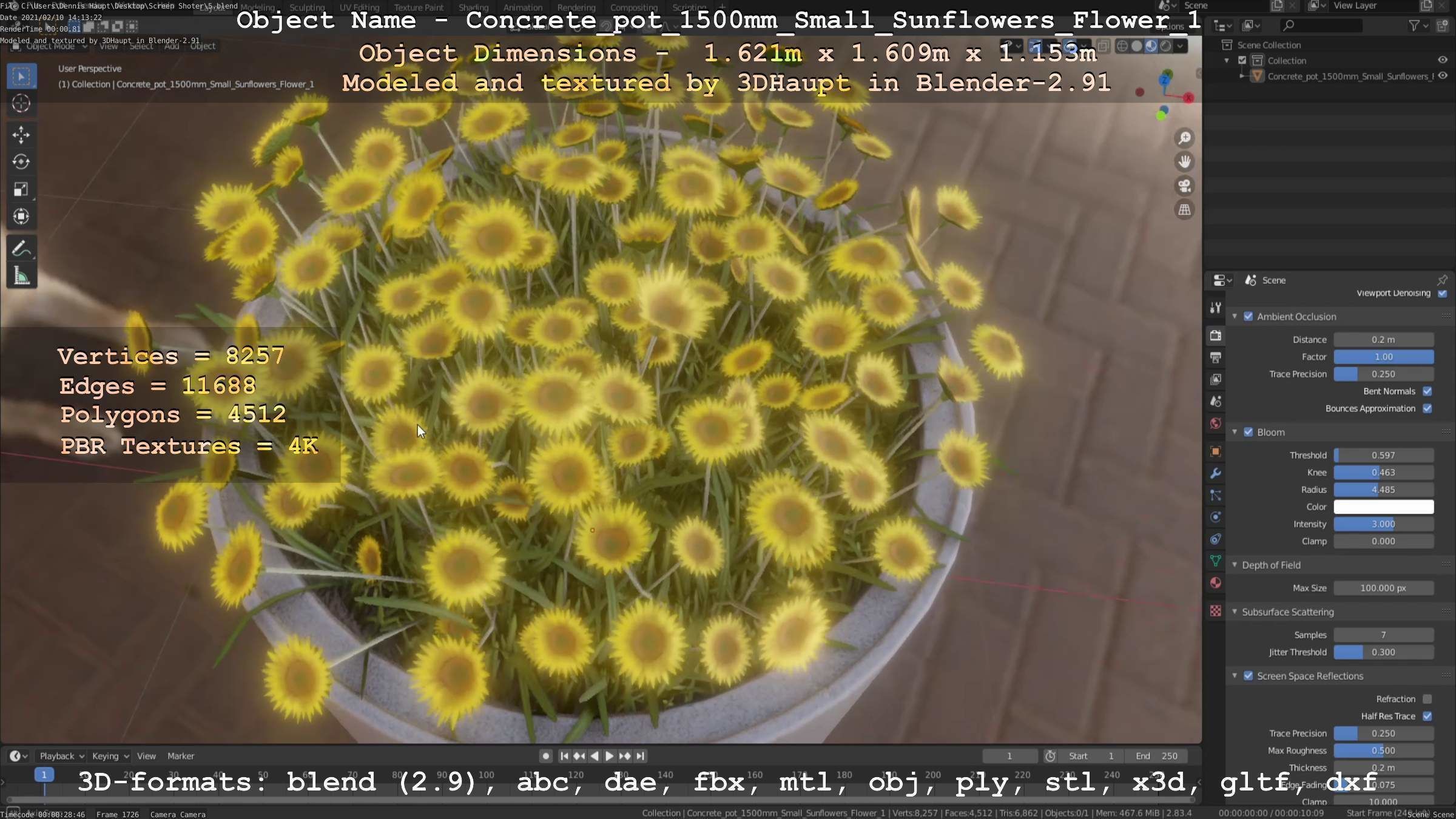 Concrete Pipe Pot 1500mm with Small Sunflowers Version 1 Low-poly 3D model_8