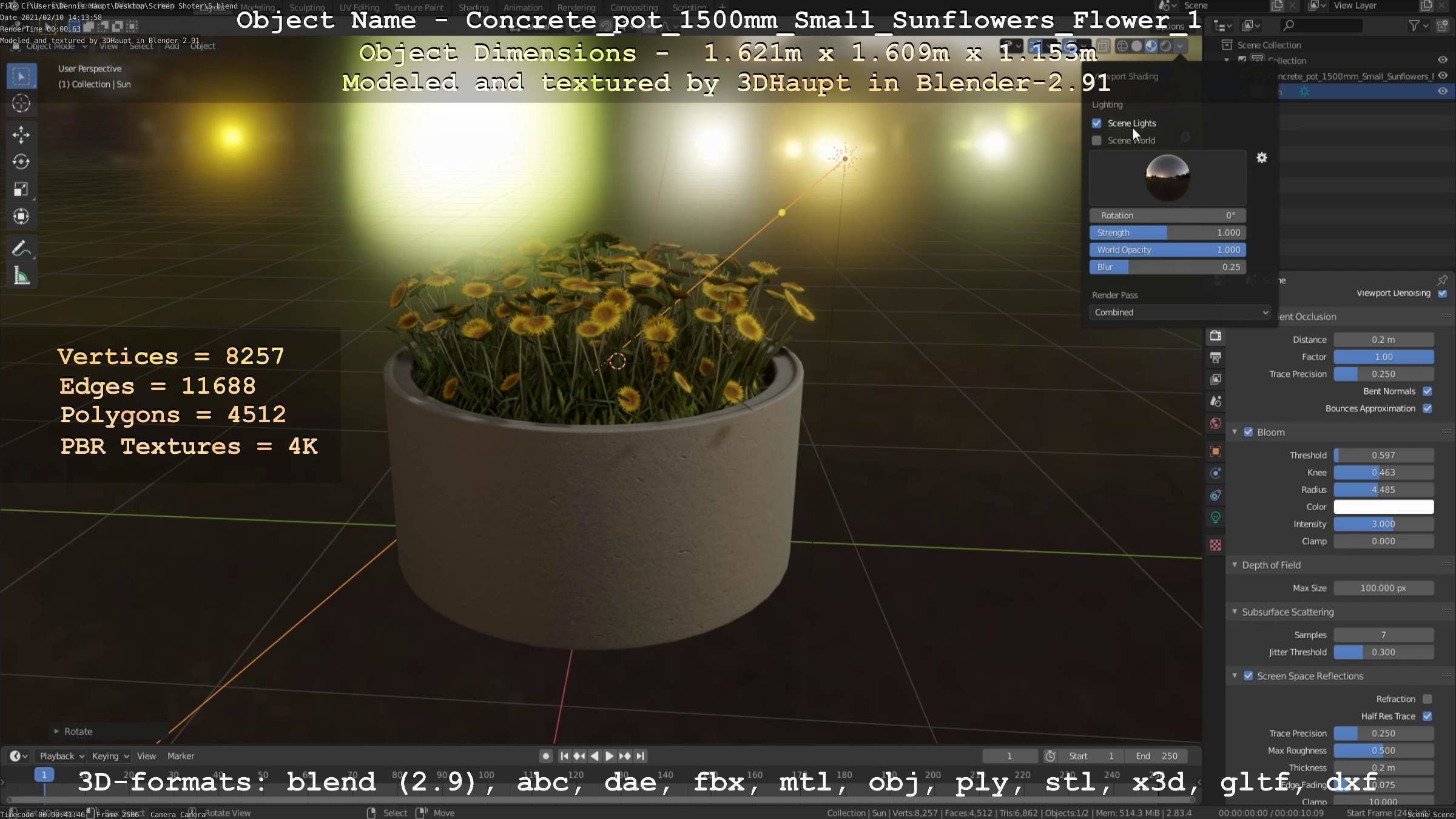 Concrete Pipe Pot 1500mm with Small Sunflowers Version 1 Low-poly 3D model_12