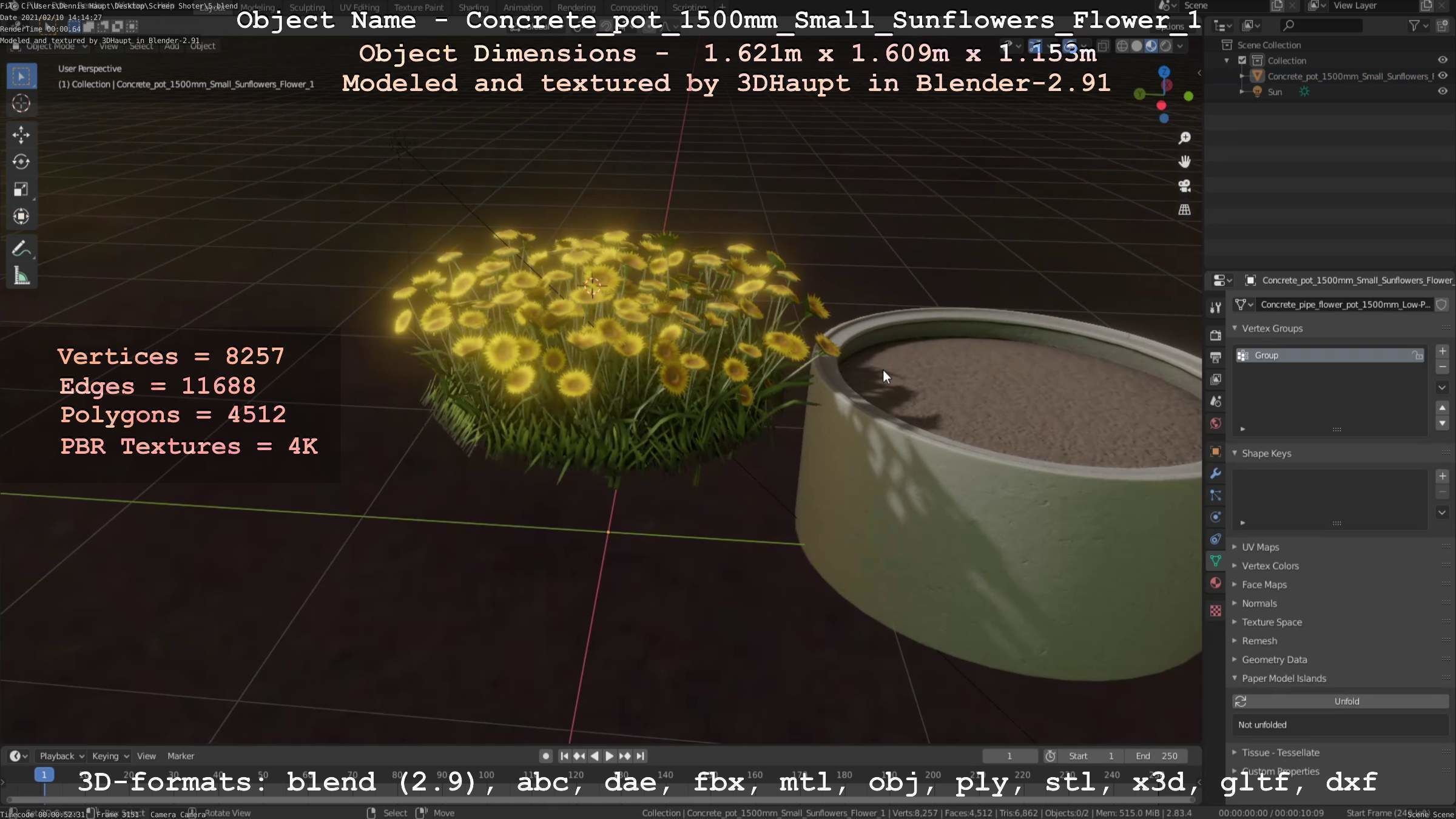 Concrete Pipe Pot 1500mm with Small Sunflowers Version 1 Low-poly 3D model_42