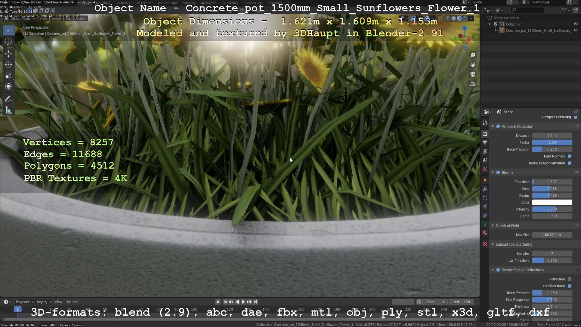 Concrete Pipe Pot 1500mm with Small Sunflowers Version 1 Low-poly 3D model_24