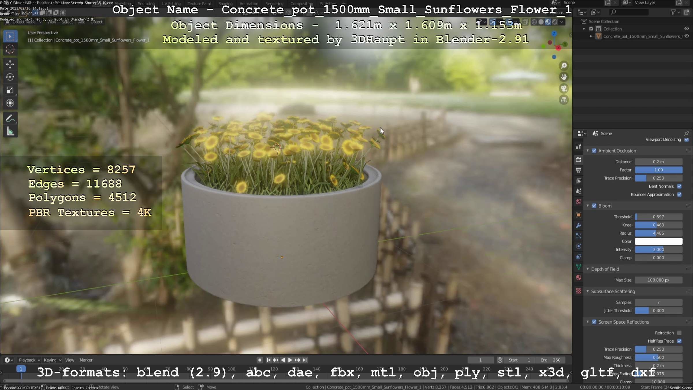 Concrete Pipe Pot 1500mm with Small Sunflowers Version 1 Low-poly 3D model_47