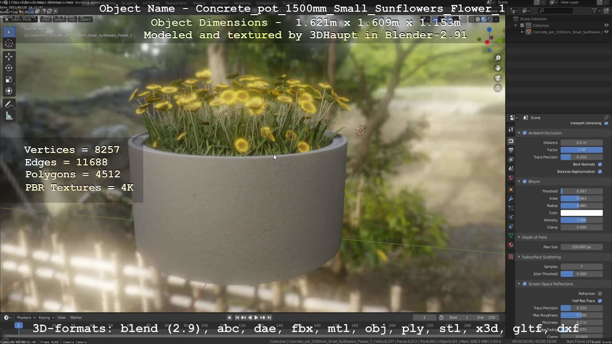 Concrete Pipe Pot 1500mm with Small Sunflowers Version 1 Low-poly 3D model_27