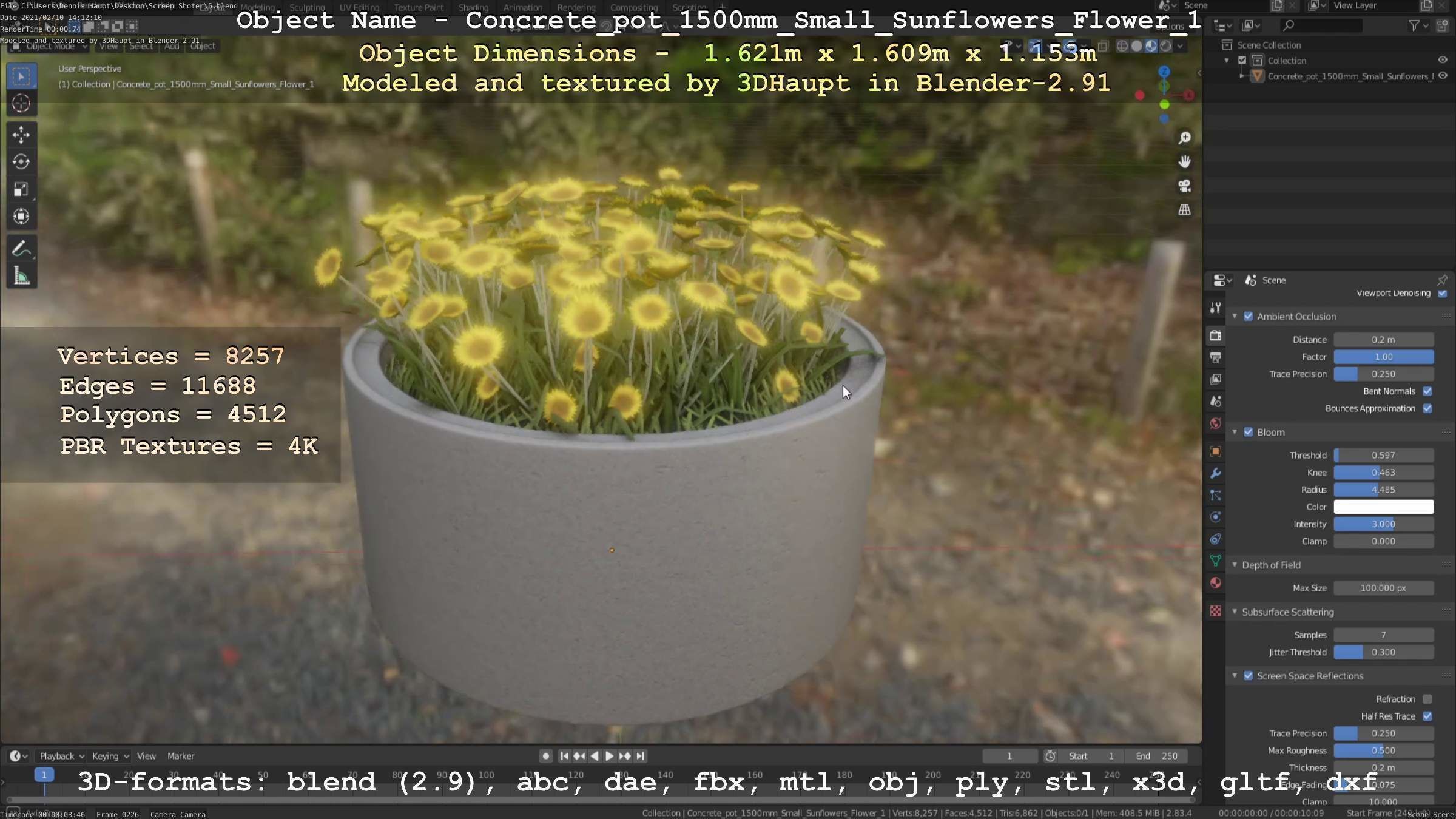 Concrete Pipe Pot 1500mm with Small Sunflowers Version 1 Low-poly 3D model_29